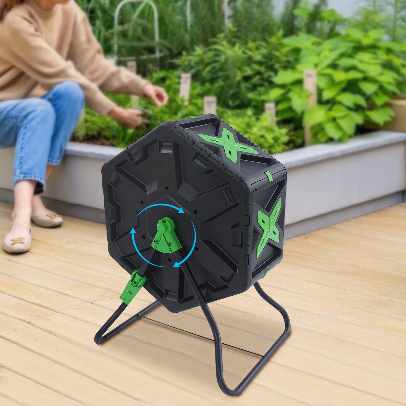 Compostador giratorio de 70 litros, contenedor de compostaje giratorio de 360°, contenedor de compost de una sola cámara, para jardines, balcones, patios, cocinas, económico y práctico, negro y verde