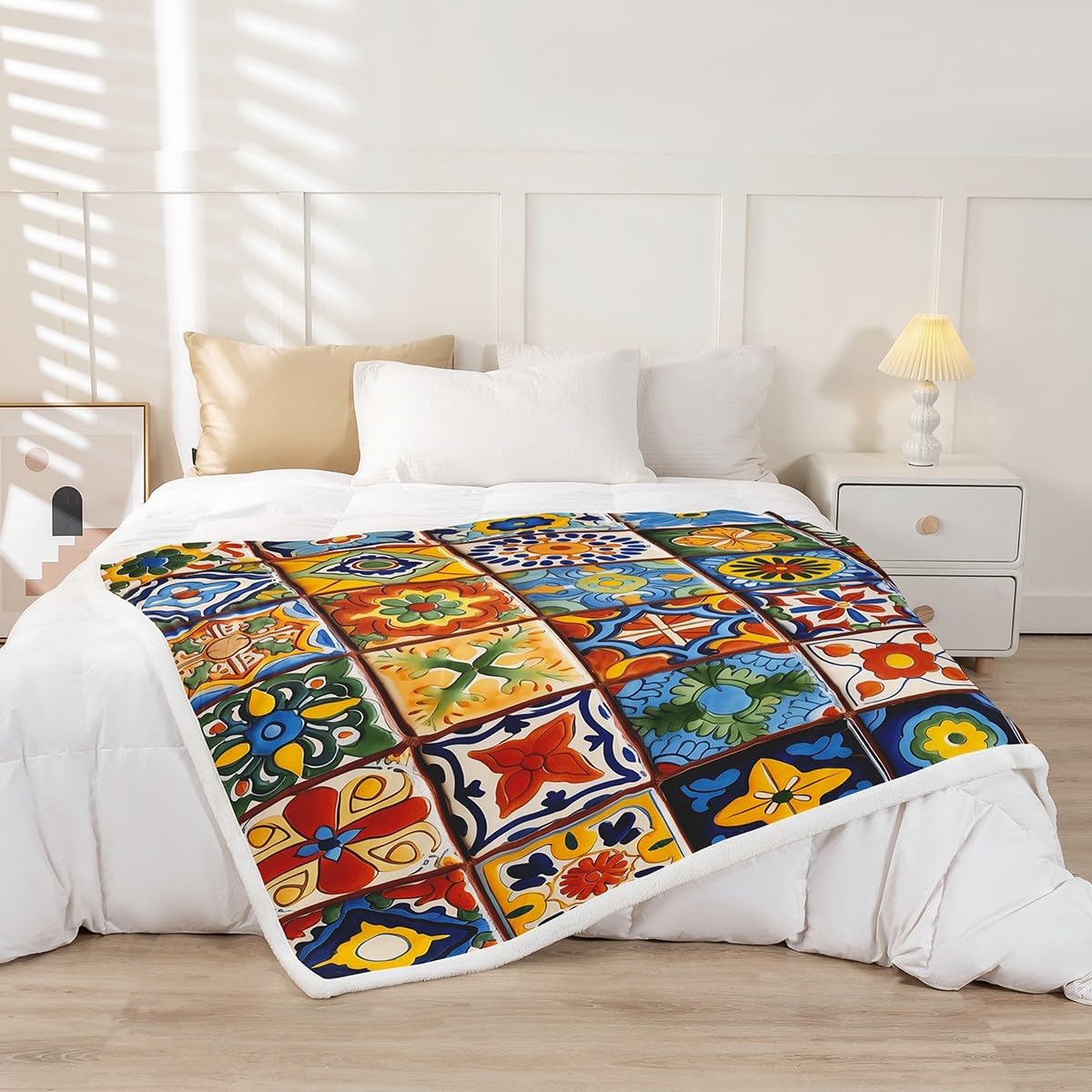 Erosebridal Mexican Talavera Tile Blanket Throw,Exotic Ethnic Boho Style Blankets Throws for Kids Adults Room Decor,Colorful Bohemian Fleece Blanket Geometric Flower Blanket 90"x90"