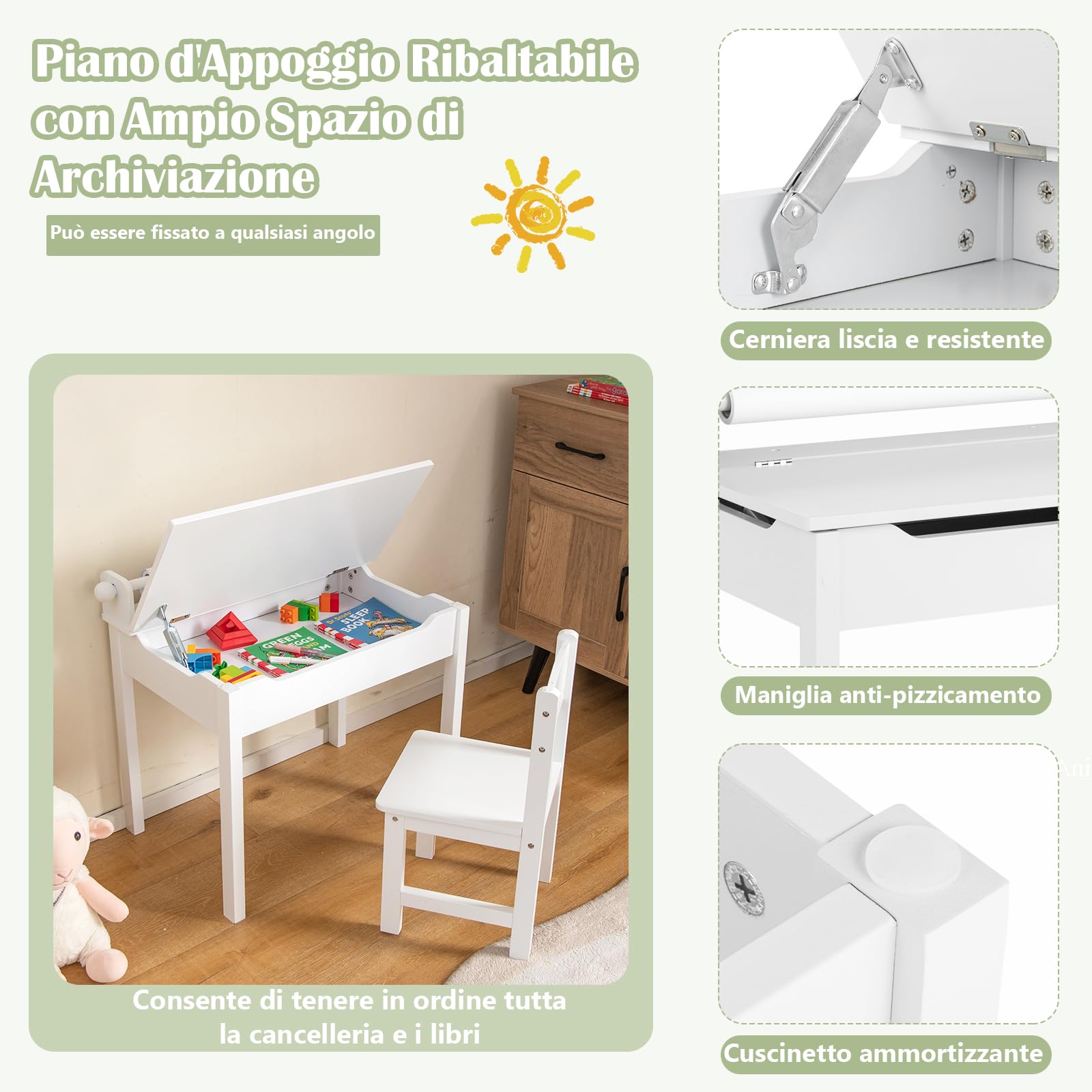 RELAX4LIFE Tavolo e Sedia D'arte per Bambini 3+ Anni con Piano Pieghevole, Scrivania e Sedia in Legno per Bambini 60 x 40 x 58 cm con Rotolo di Carta e Pennarel (Bianco)