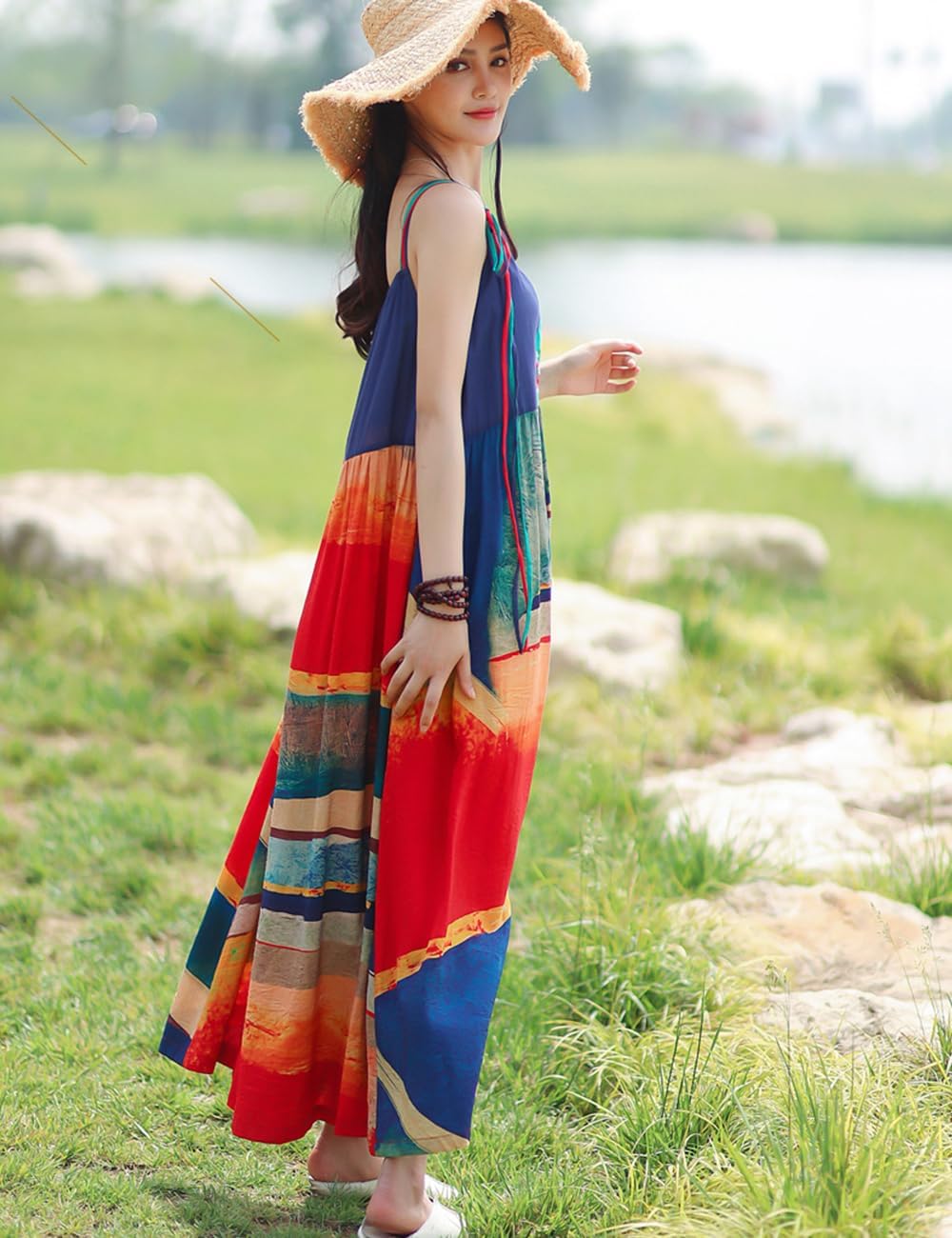 Women Bohemian Maxi Dress Floral Embroidered Spaghetti Strap Summer Beach Sundress