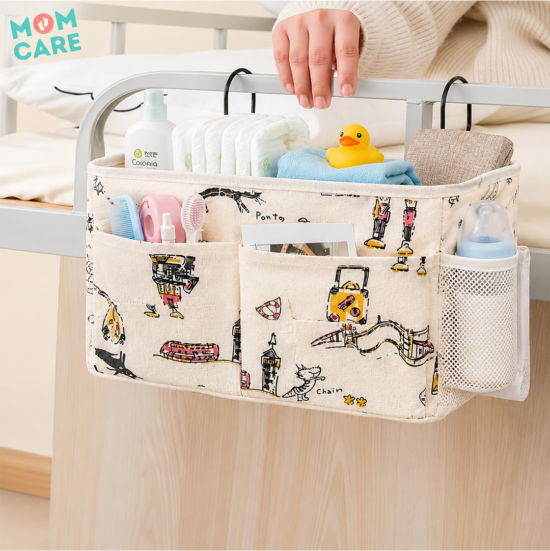 MOM CARE Hanging Cot Diaper Storage Bag Bedside Organizer Canvas Caddy Large Capacity Bed Rail Pocket With Wire Hooks For Nursery Books Toys Diapers Marine Anchor Print Cream Color 3