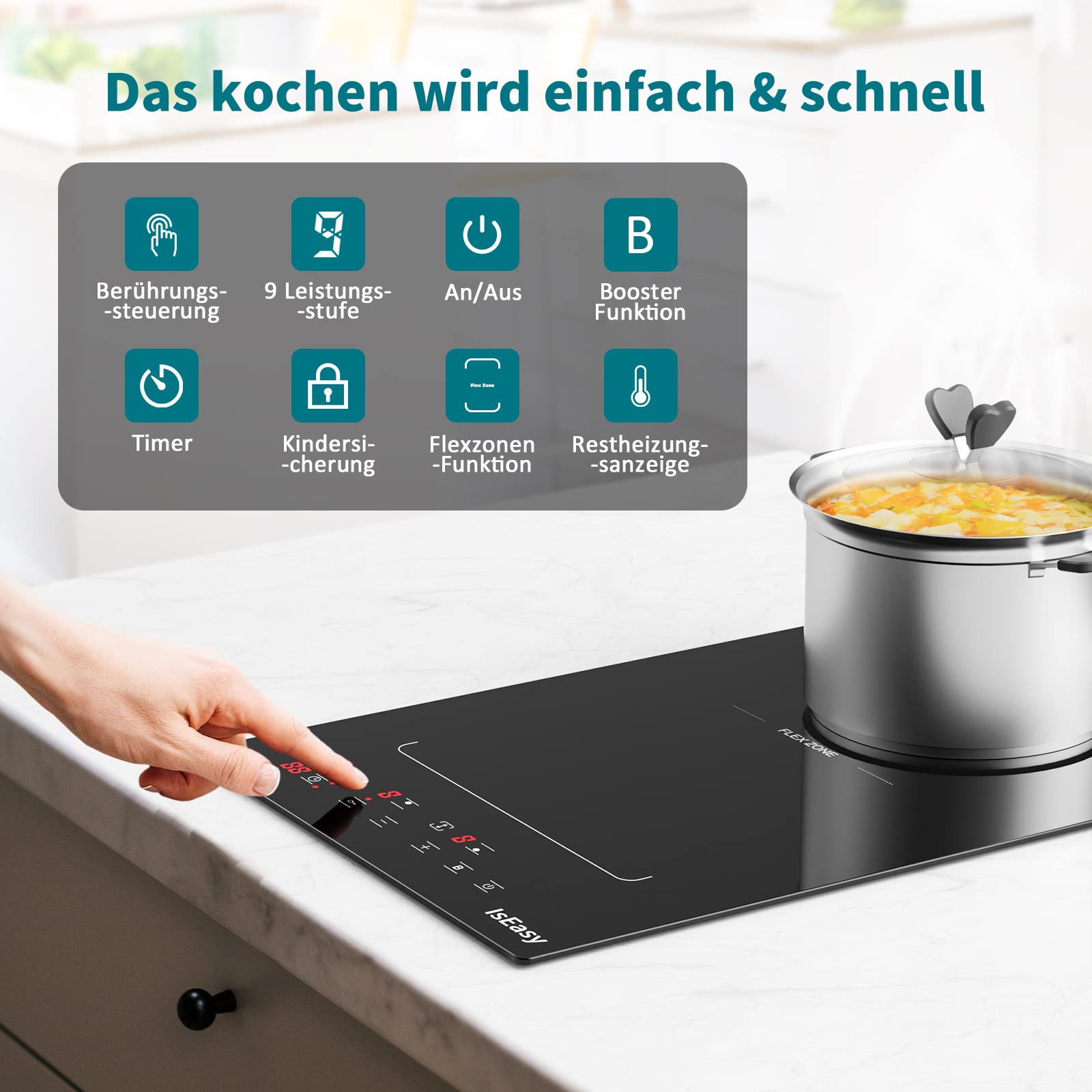 Induktionskochfeld mit Flexzonen, IsEasy domino Induktionskochfeld 3400W, Boost-Funktion