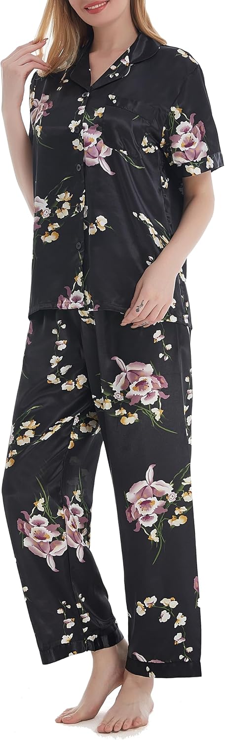 Lavenderi Women's Short Sleeve Classic Satin Pajama Set - Soft Silky Sleepwear for Women, Comfortable & Stylish - Image 2