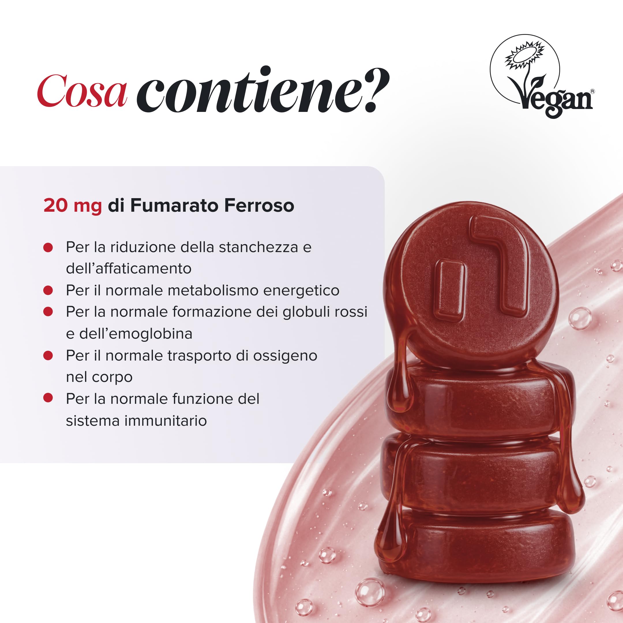 Ferro Senza Zucchero, 20 mg, 60 Gommose, Novomins | Aiuta a Ridurre la Stanchezza, Sostiene i Globuli Rossi, con Ferro e Vitamina C, Vegano, Halal, Testato da Eurofins