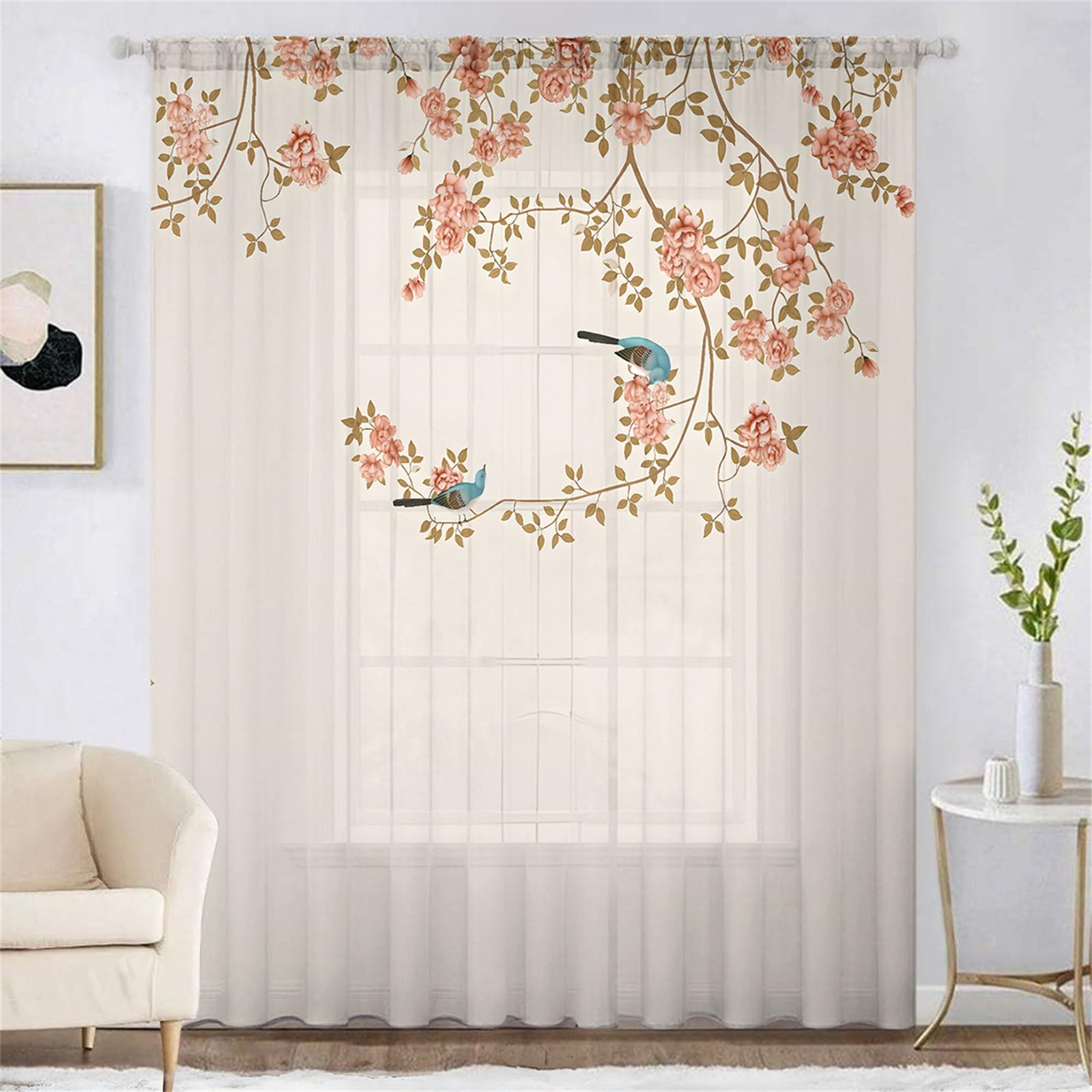 Surwin Net Curtains for Windows, 1 Panels Voile Curtain, Flower and Bird Series with Eyelets, Semi Transparent Lightweight Voile Panel for Living Room Bedroom Balcony (Pink 3,W132xH213cm)