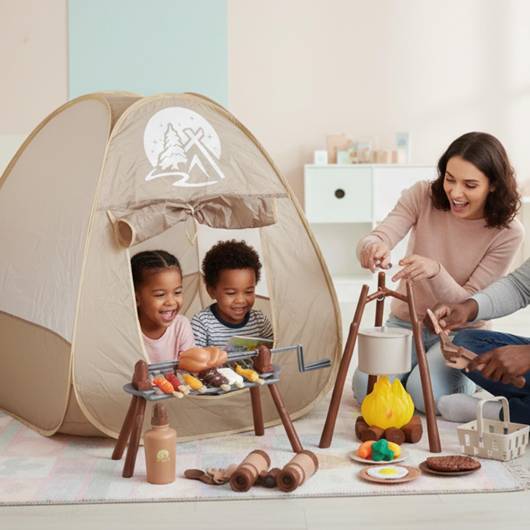 Set da campeggio per bambini 34 pezzi Giochi da campeggio finti con tenda griglia rotante e falò per giochi fantasiosi per bambini 3-5 di avventura all'aperto per interni per i più piccoli