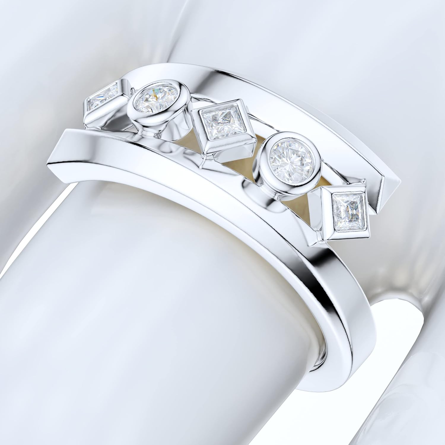 8mm Wide Solid Sterling Silver Five Stone Split Twisted Shank Bezel Set Simulated Round and Princess Diamond or Genuine Moissanites Ring Wedding Band