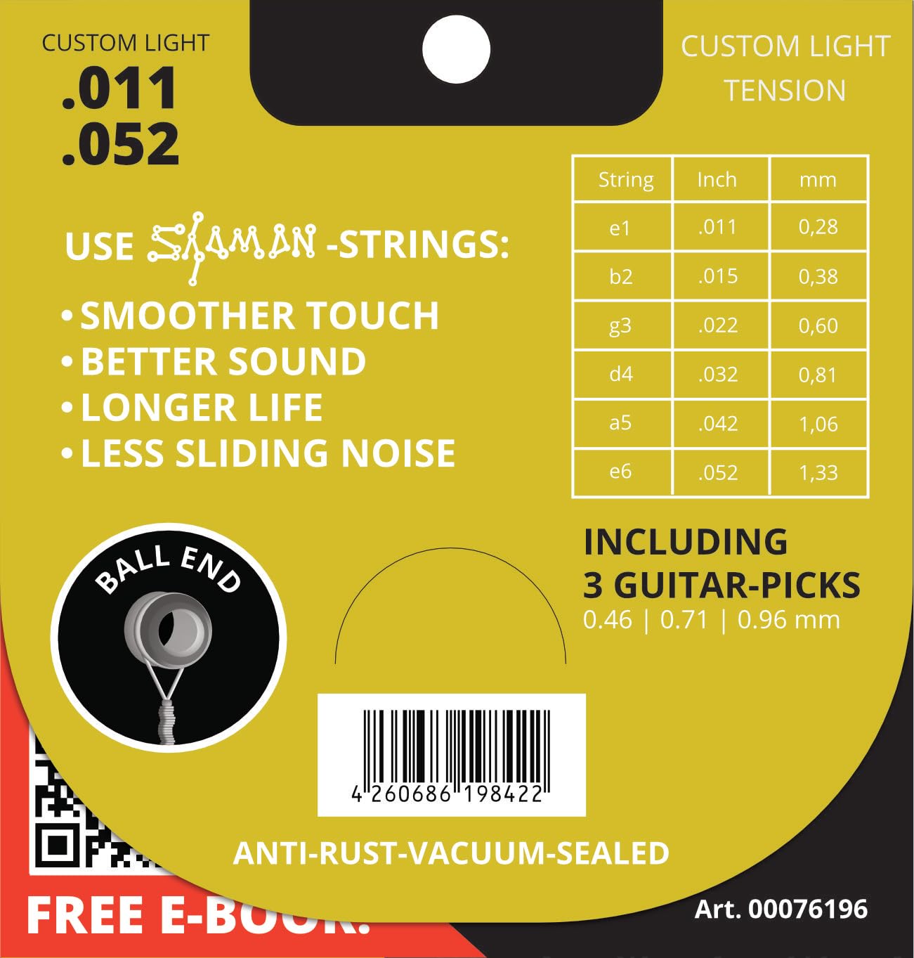 Cuerdas Shaman Acoustic para guitarra western incl. 2 cuerdas de repuesto | Juego completo de cuerdas para guitarra acústica, Tensión Custom Light (.011,.015,.022,.032,.042 y.052), 71 y 0, 96 mm)