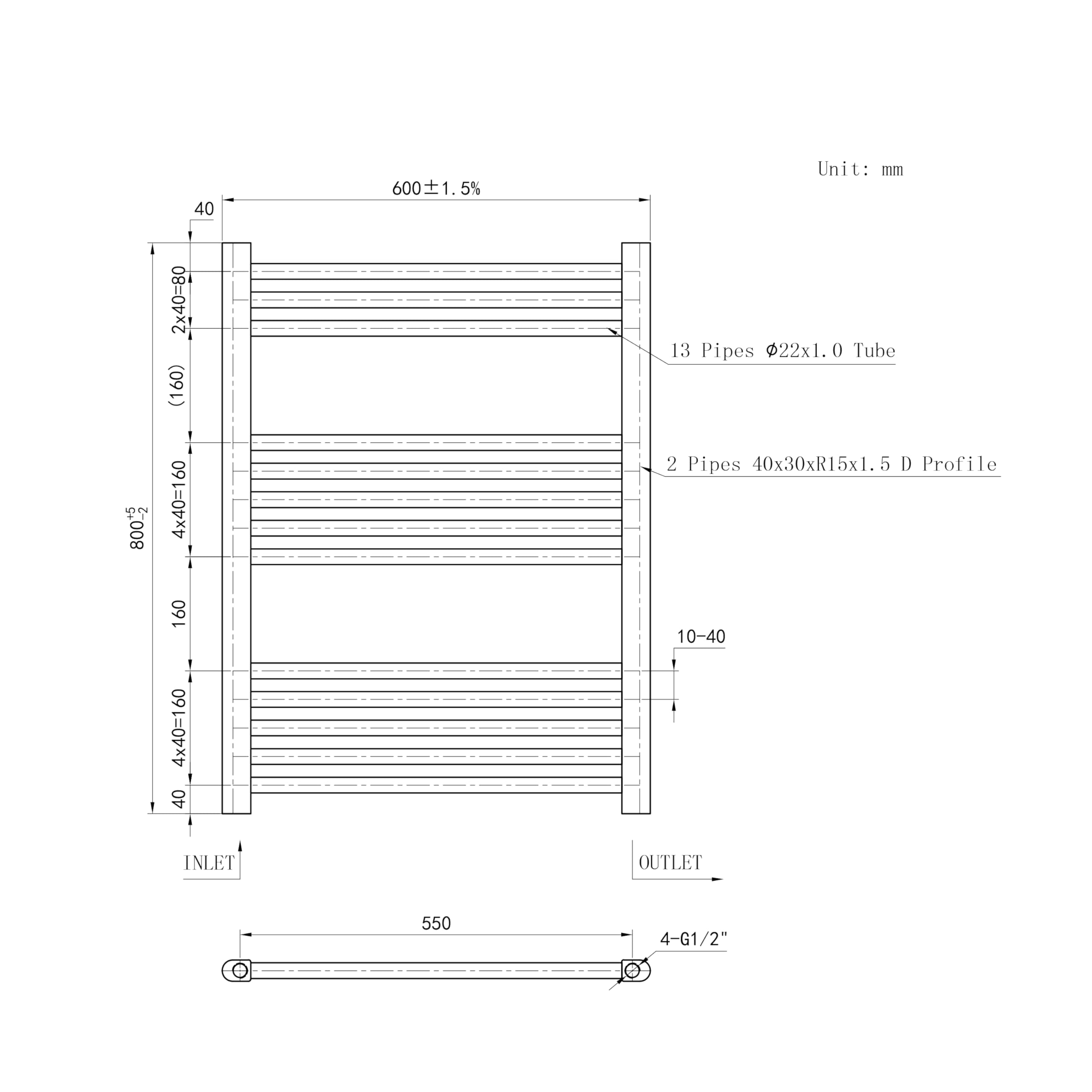 AICAIT Termoarredo Bagno Scaldasalviette Acciaio al carbonio Termosifone Antracitico 800x600mm