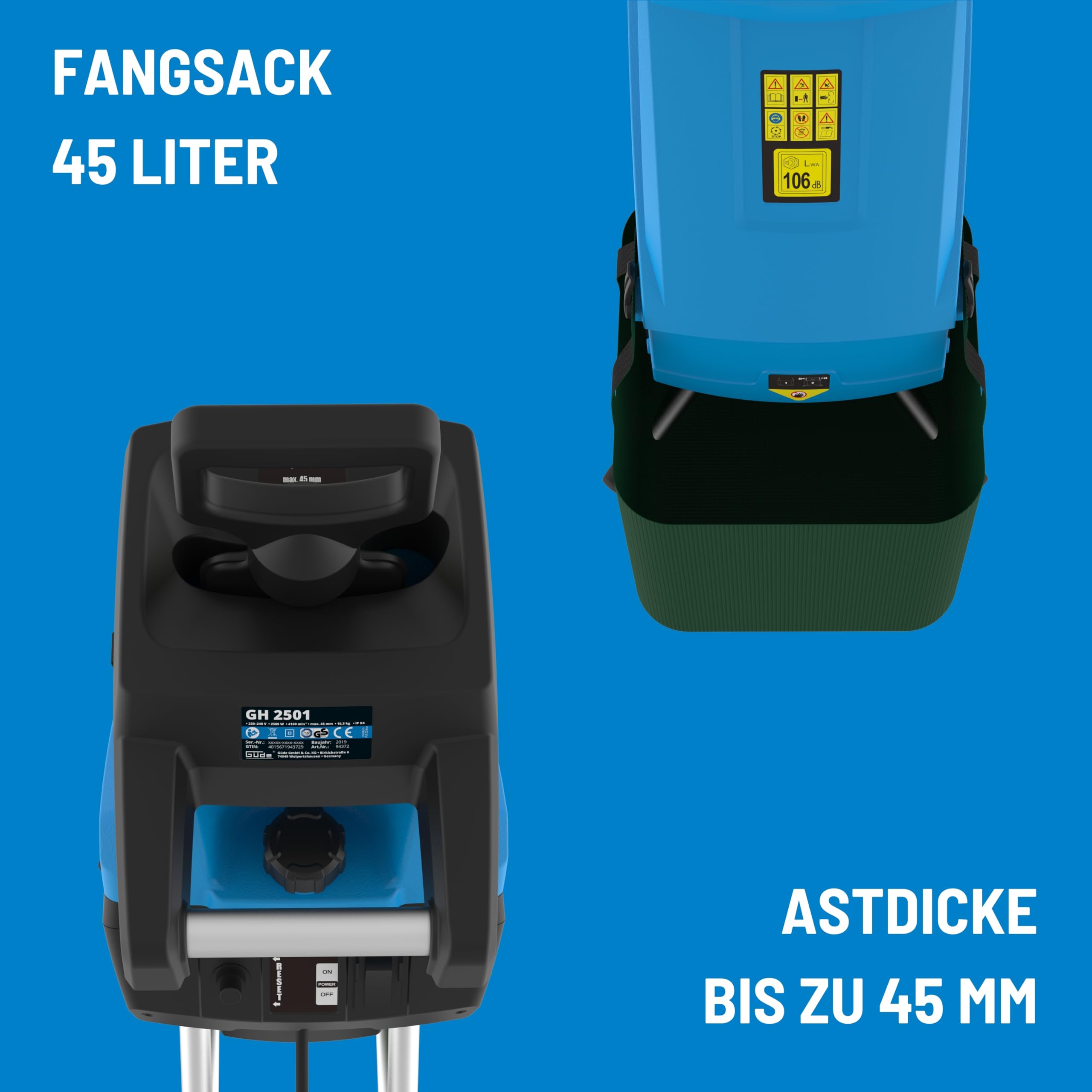 Güde Gartenhäcksler GH 2501 2500 W Messertechnik Selbsteinzug max. Astdicke 45 mm inkl. Fangsack 45 L