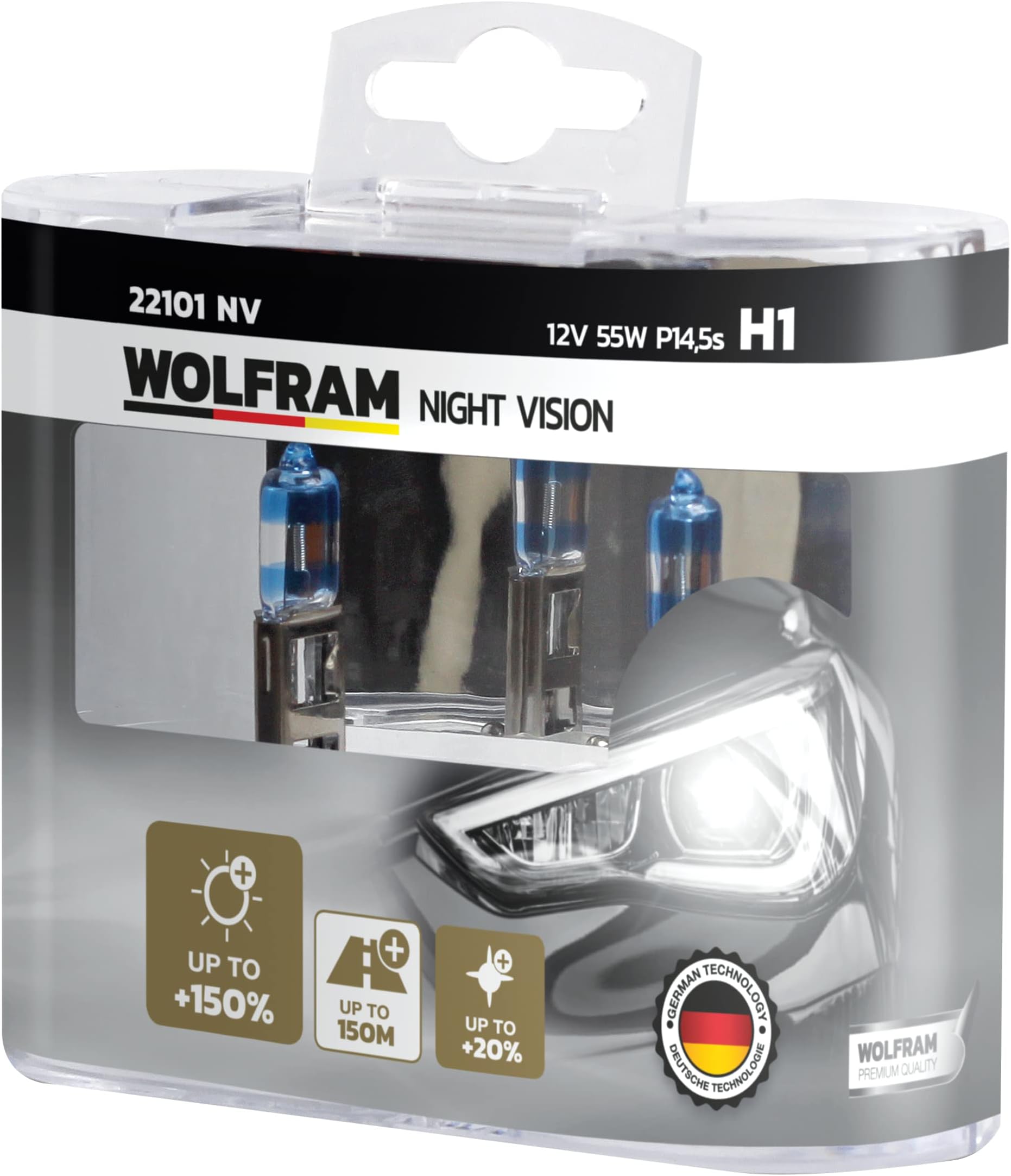 WolframNIGHT VISION HALOGEN BULB H1, +150% extra light +20% whiter light, 12V, 55W, 22101NV, DuoBox (2 lamps)