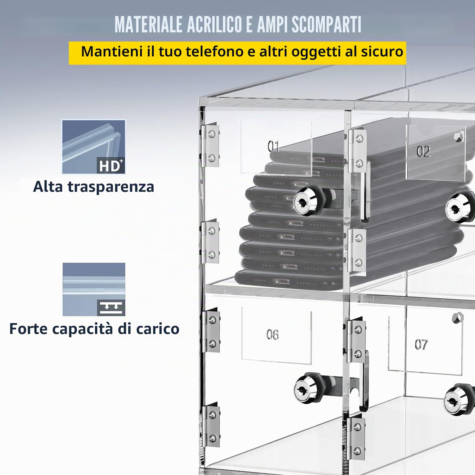 VEVOR Armadietto per Cellulare con 20 Scompartimenti Materiale Acrilico con Serrature e Chiavi, Armadietto da Parete per Ufficio Aula Palestra, Cassetta Deposito Oggetti, Acrilico Trasparente