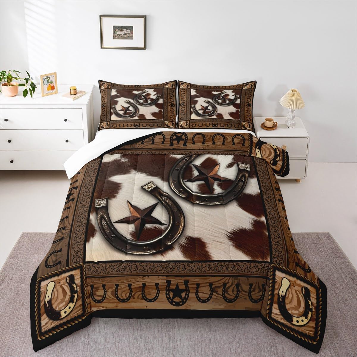 Western Cowboy Comforter Set Full Size,Western Texas Star Horseshoes Retro Bedding Set,Boys Girls Adults Room Decor,Cow Fur Wooden Plank Down Comforter,Rustic Farmhouse Duvet Insert,2 Pillowcases
