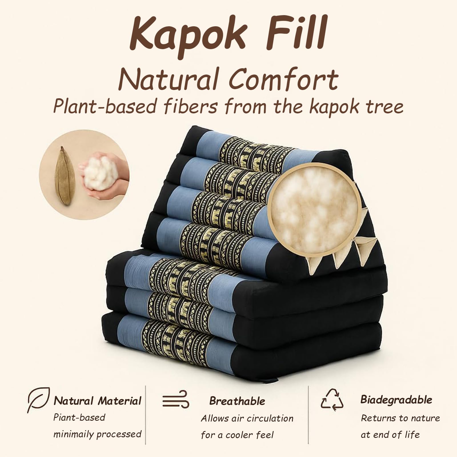 Colchón tailandés de suelo – Asiento de meditación plegable con cojín triangular, cama de invitados rellena de kapok, futón multiusos para mayor comodidad y relajación