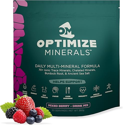Optimize Minerals Fórmula multimineral diaria Más de 70 minerales icónicos Minerales quelados Raíz de bardana Sal marina antigua 30 porciones