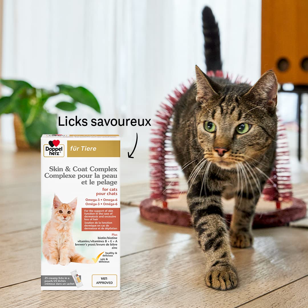 Doppelherz Complexe pour la Peau et Le Pelage pour Chats, Soutien de la Fonction dermique en Cas de dermatose et de dépilation, Acides Gras oméga-3 et oméga-6, Biotine, Vitamines B, E et A - 25 Licks