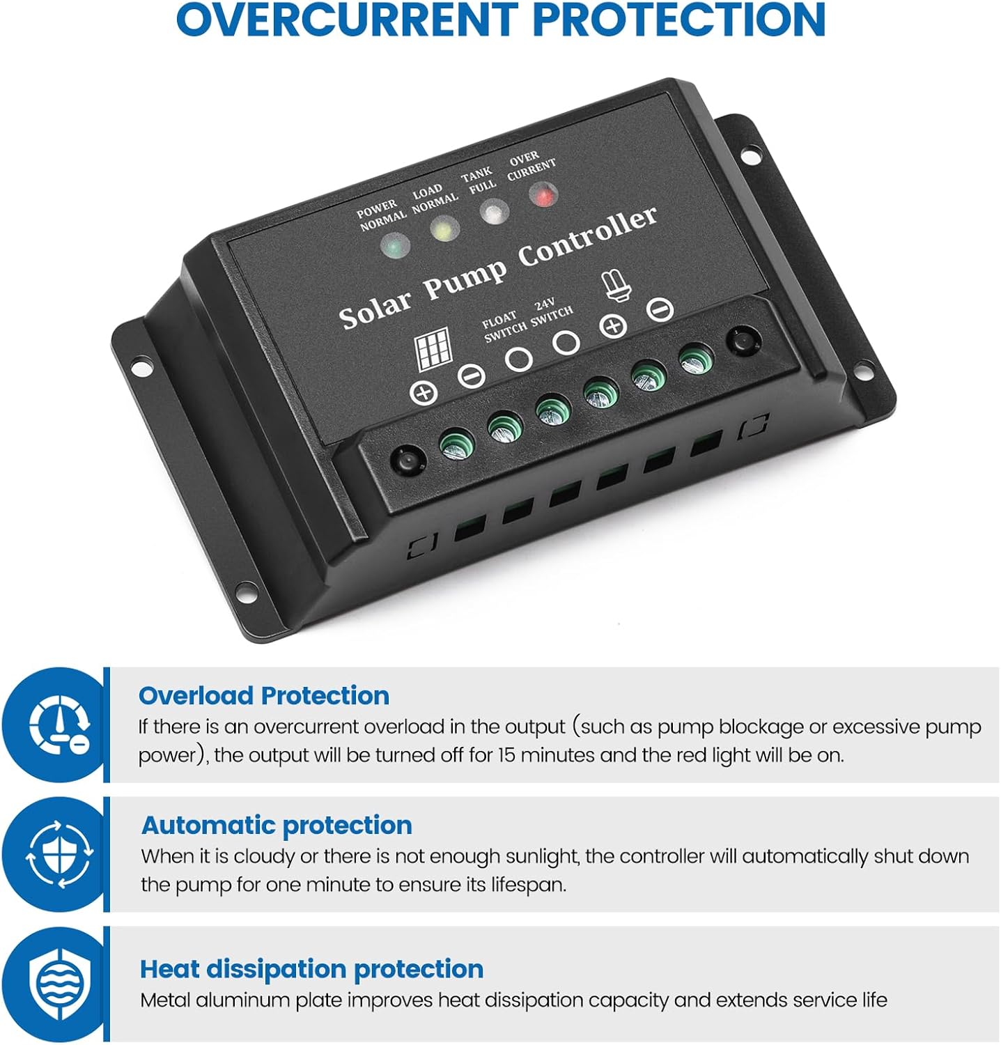 10A Solar Water Pump Controller, Zuomeng DC Pump Controller Compatible with 12V and 24V Systems, Featuring LED Display Light and Overcurrent/Overload Protection