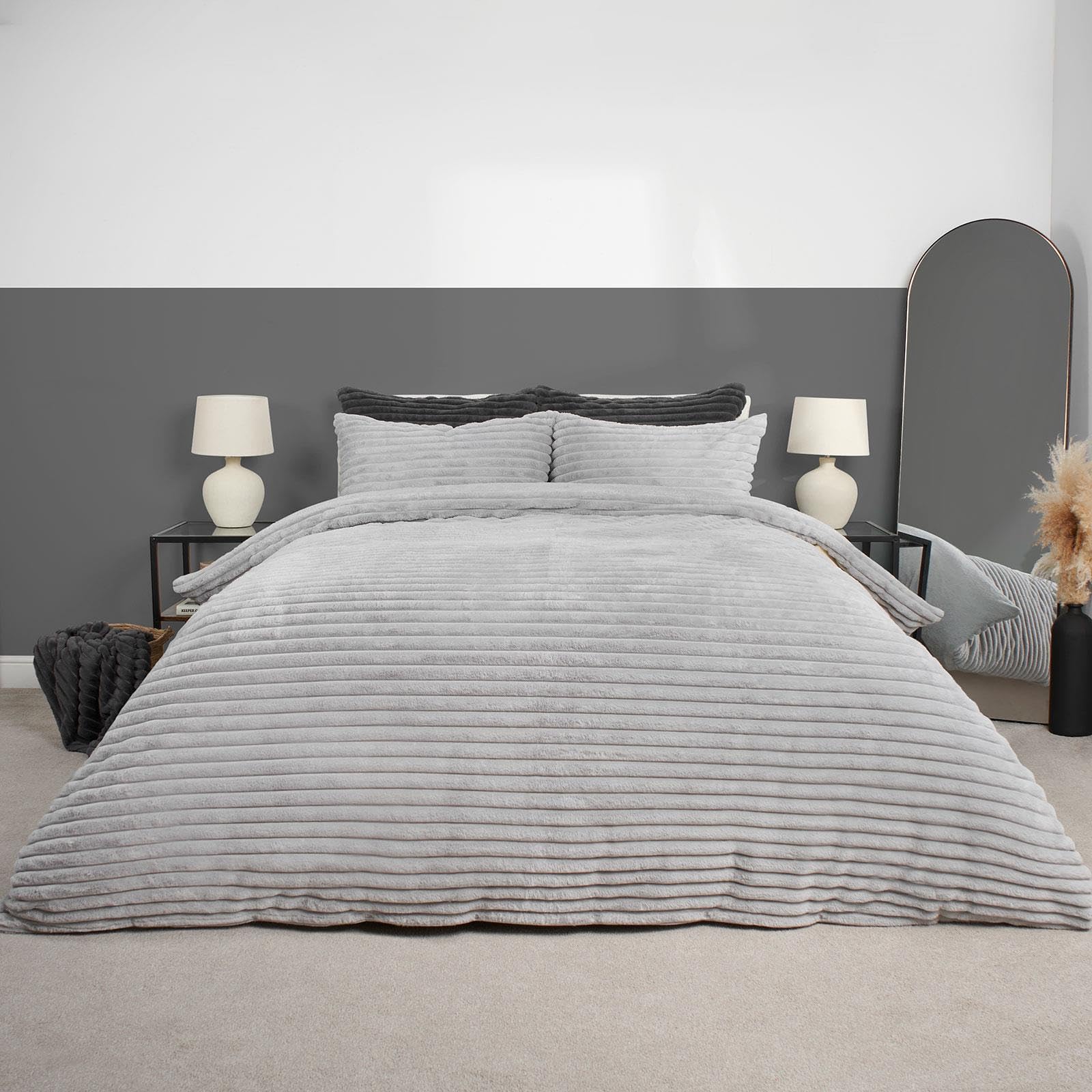 OHSOHS Silver Duvet Cover Double Ribbed, Fluffy Bedding with Pillowcases Reverse Teddy Fleece Bedding Soft Warm Chunky Winter Duvet Set