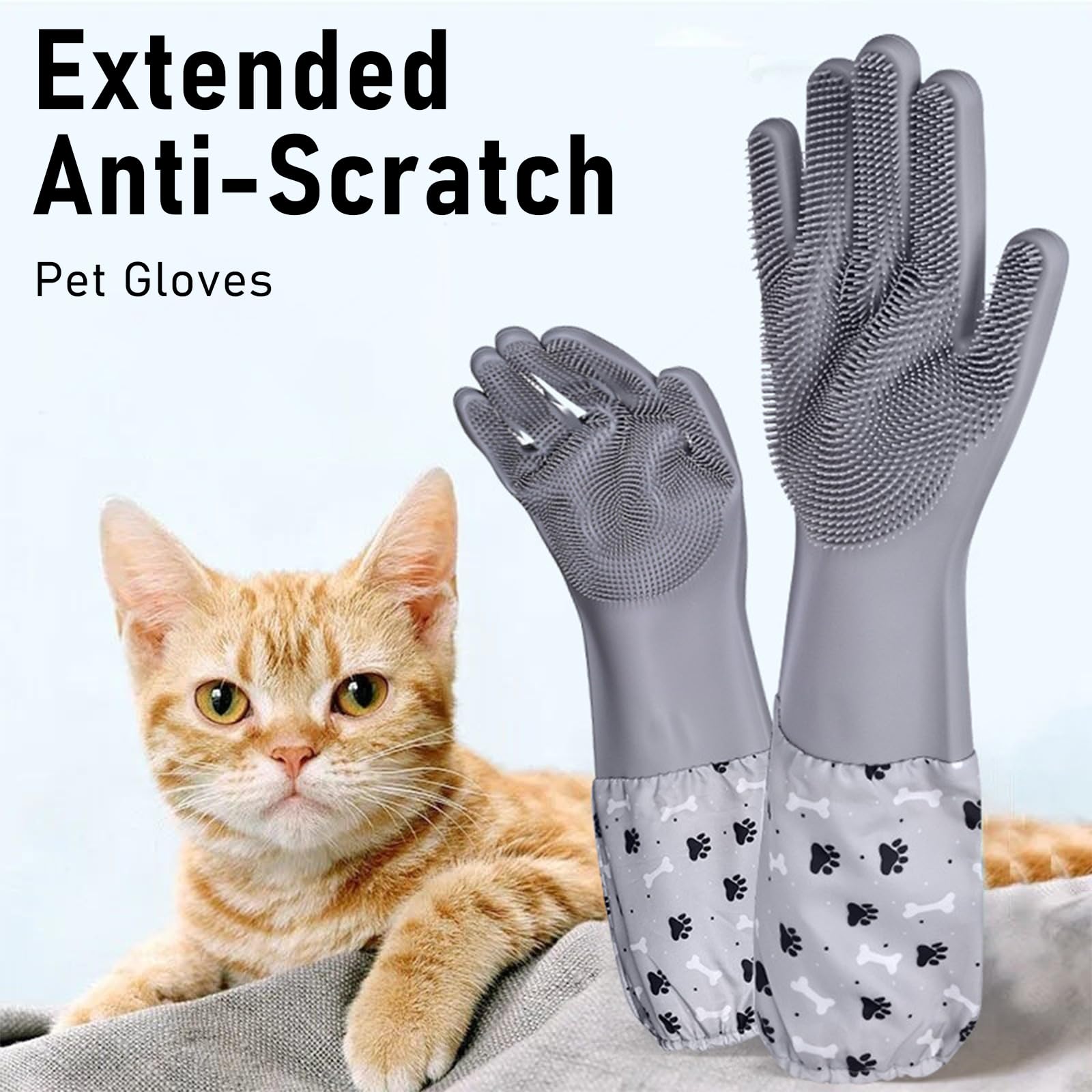 Risipu Extra Long Cat Grooming Glove, Non-Slip Dog Washing Gloves, Thickened Silicone Material Pet Grooming Gloves (grey-Long gloves) - Image 2