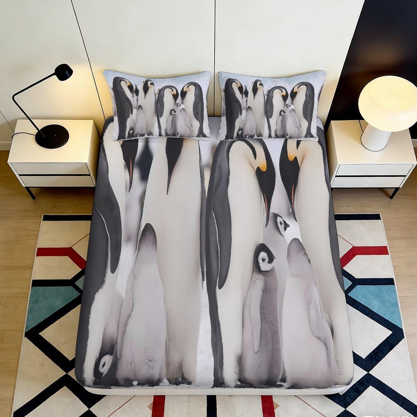 3D Printed Penguin Family Fitted Sheet Microfiber Soft Breathable Emperor Penguin Bed Cover for Bedroom Dorm Decor 90x200x25cm