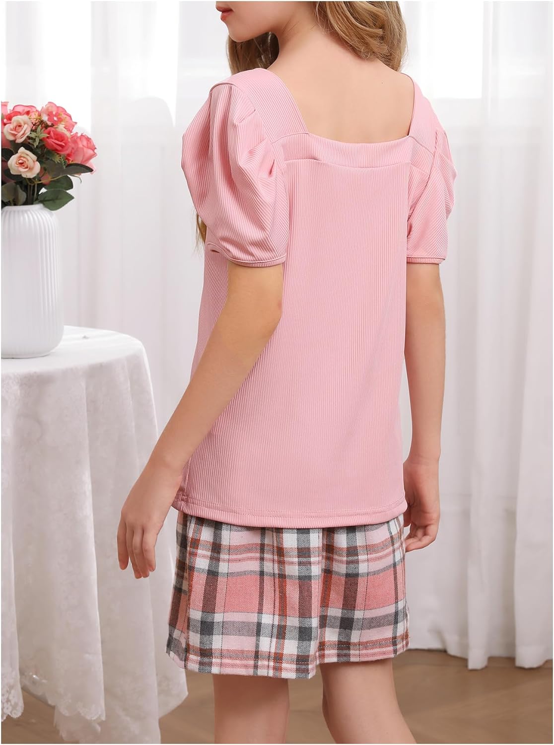 Milumia Girl's Two Piece Outfits Ruffle Trim Short Sleeve T Shirt and Plaid Skirt Sets - Image 2