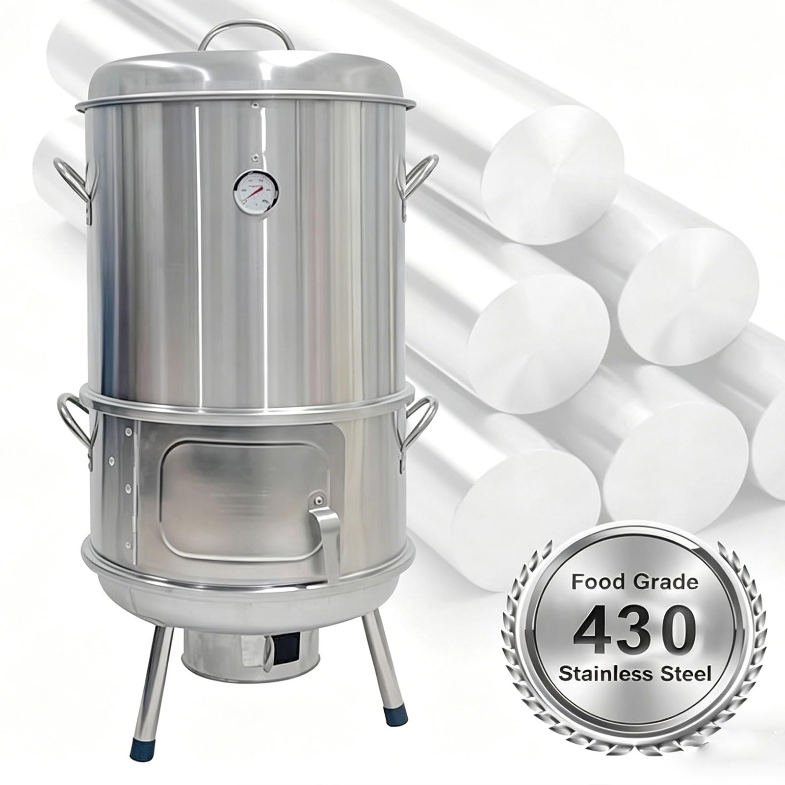 Wędzarnia Wielofunkcyjna z Termometrem Grill ze Stali Nierdzewnej 430 z Różnymi Akcesoriami Równomierne Nagrzewanie 360° do Pieczenia Kaczki, Kurczaka, Indyka i Wieprzowiny