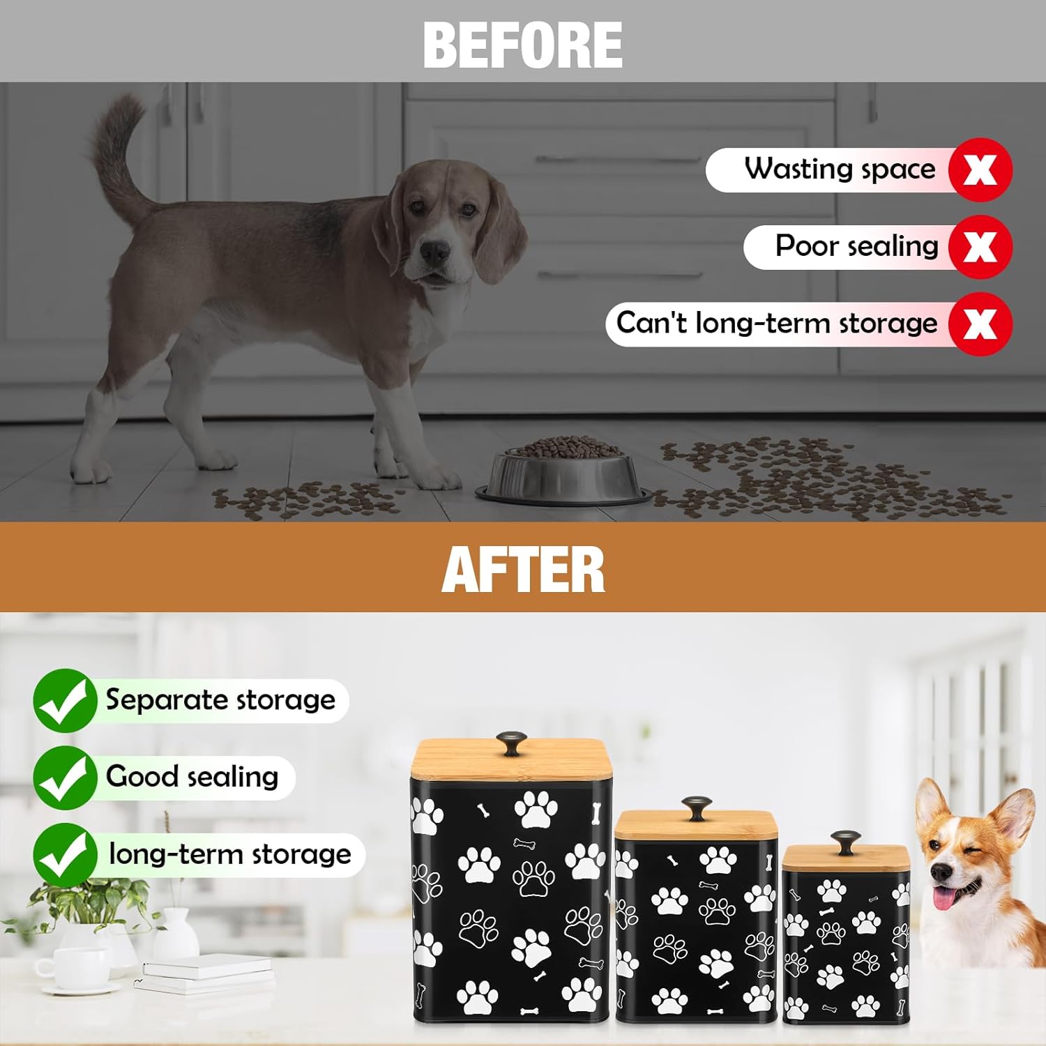 Airtight Dog Treat Container Set of 3 with Bamboo Lids Metal Treat Jars for Countertop Decorative Pet Snack Storage Canister Kitchen Biscuit Holder(Black)