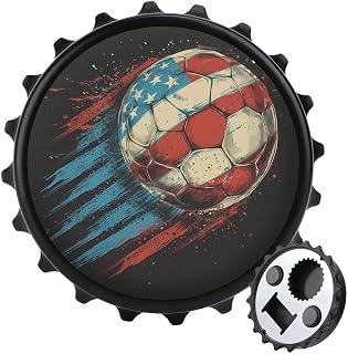 Vintage Soccer Ball with Speed Effect Bottle Opener Round Fridge Magnets USA American Flag Beverage Beer Magnetic Bottle Cap Opener for Fridge, Kitchen, Office