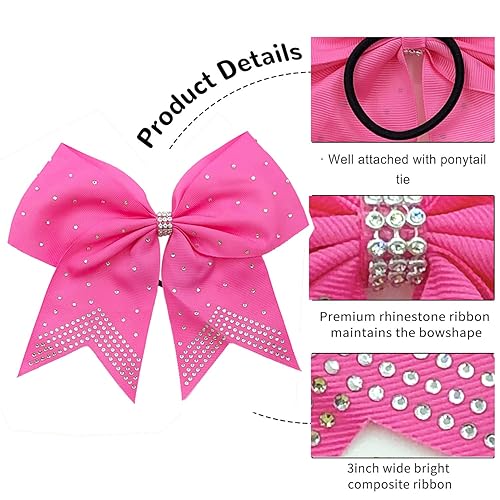 Miniatura 3 de Lazos grandes para el pelo de animadora con diamantes de imitación, lazo de animadora con soporte para cola de caballo, banda elástica para