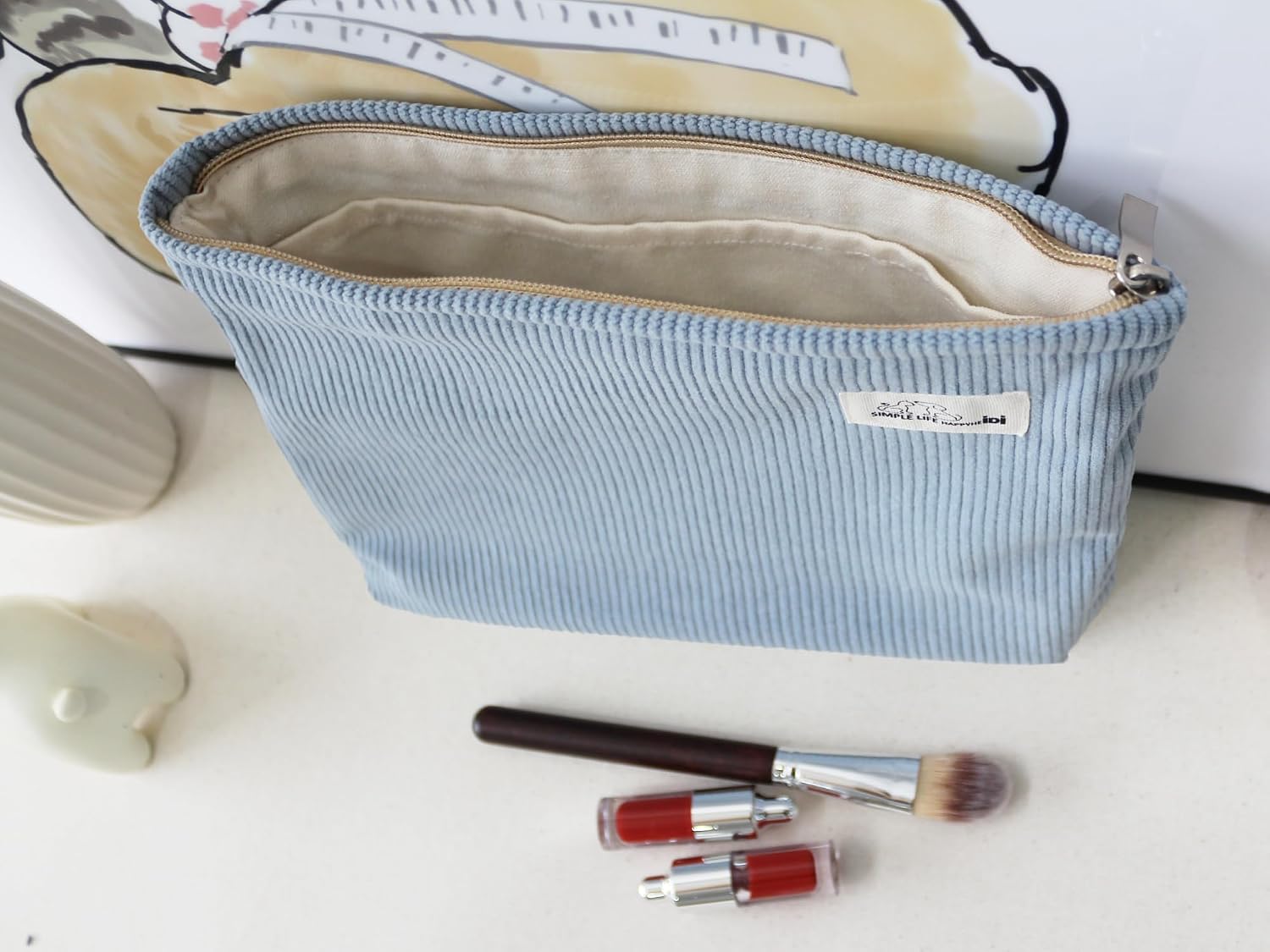 HAPPYHEIDI Large Makeup Bag Travel Cosmetic Pouch, Light Blue image 3