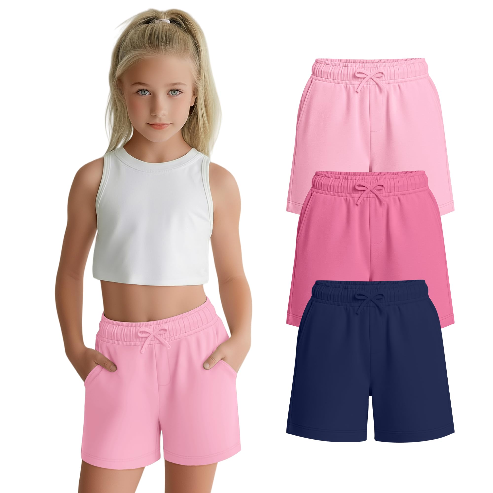 3 Pack Girls Shorts with Pockets Wide Leg Elastic Waist SweatShorts Soft Casual Summer Athletic Shorts 5-14 Years