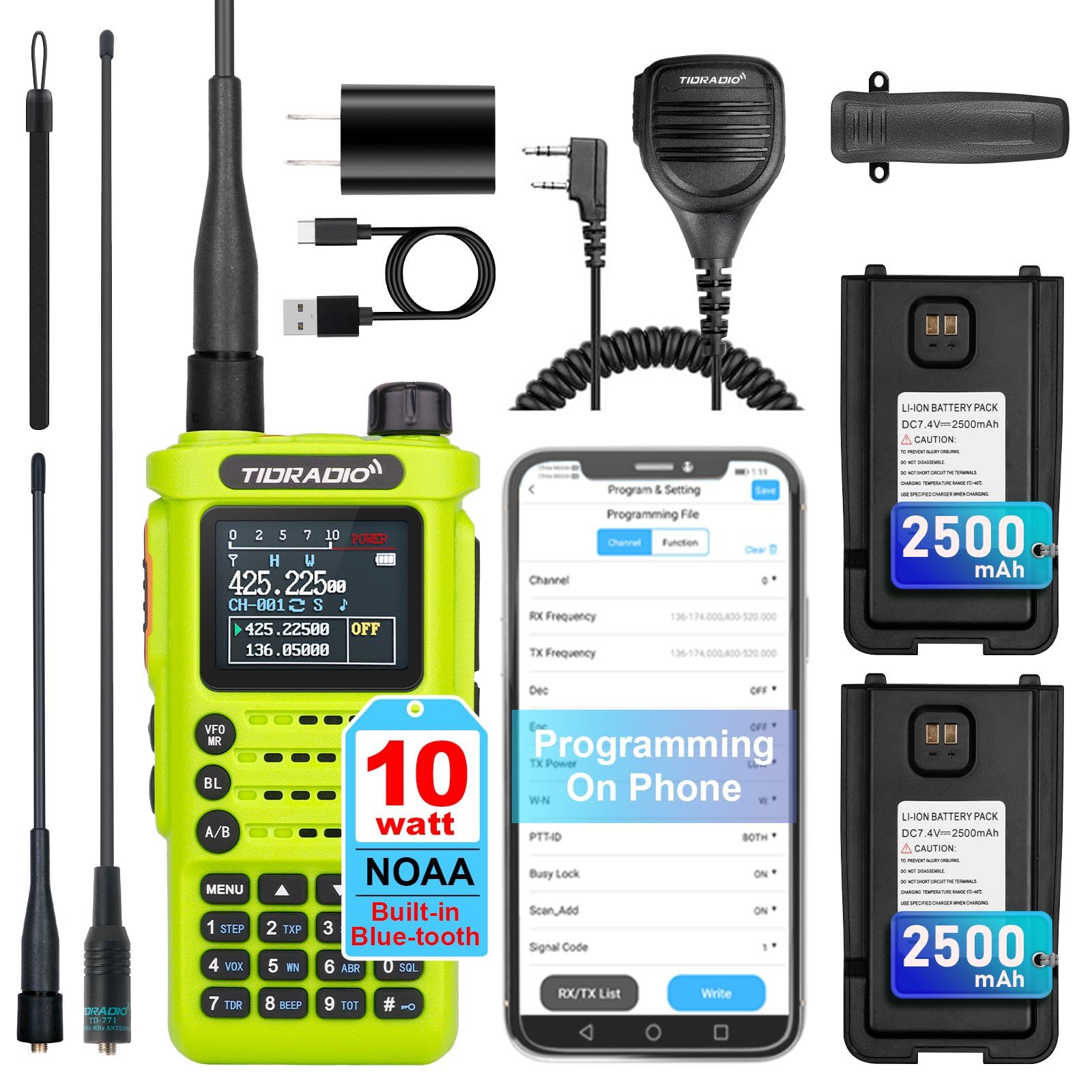 (2 Gen) TIDRADIO TD-H8 Ham Radio 10W High Power Dual Band Two Way Radio,APP Programmable, Long Range Walkie Talkies Full Kits with 2500mAh Large Battery (2pcs),USB-C Charger & Speaker Mic，Green