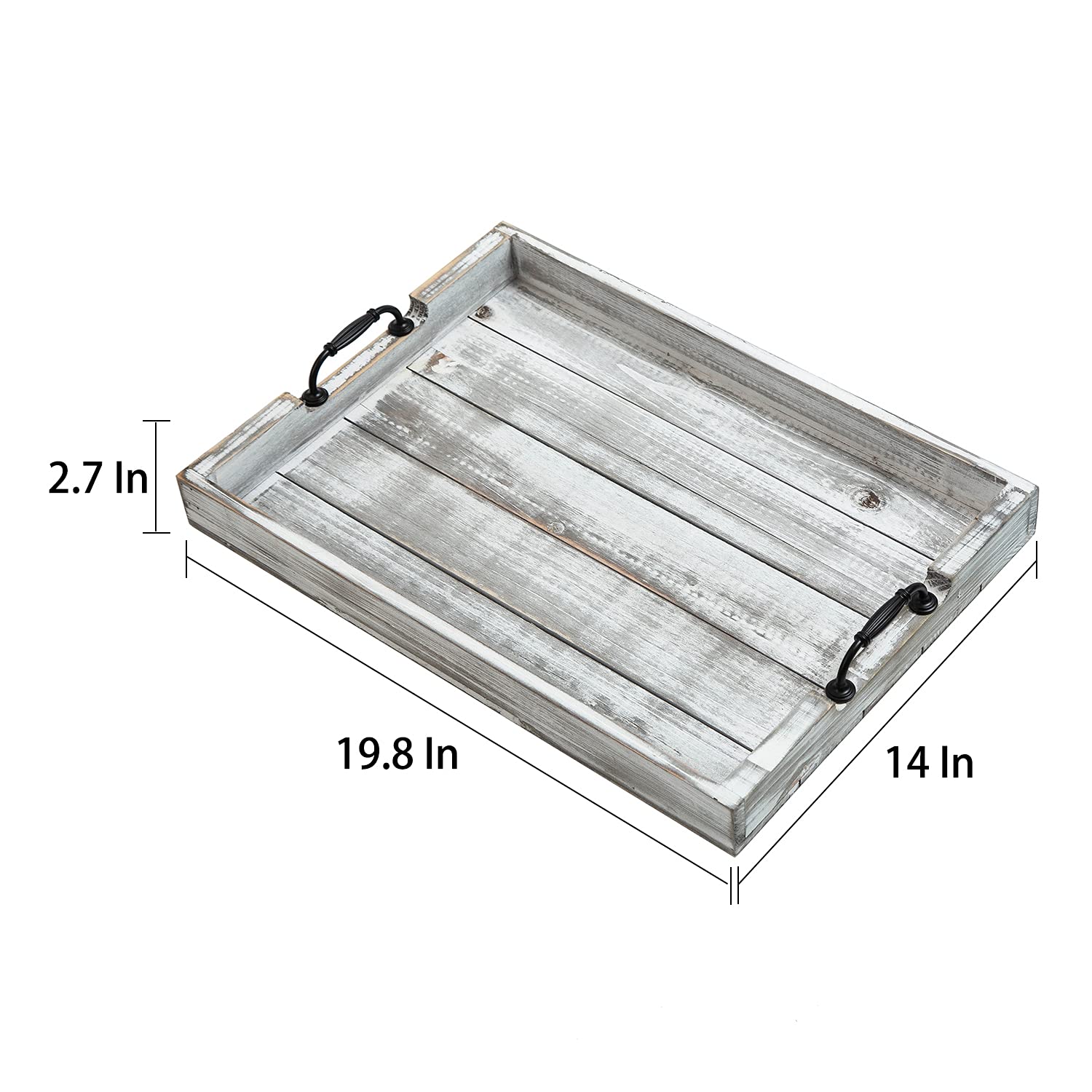 Rustic Vintage Big Wood Food Serving Trays with cutout Metal Handles(20 Inches) large Nesting Board Decorative Serving Trays Platter for Breakfast in Bed, Ottoman, Coffee Table, BBQ, Party(Gray white)