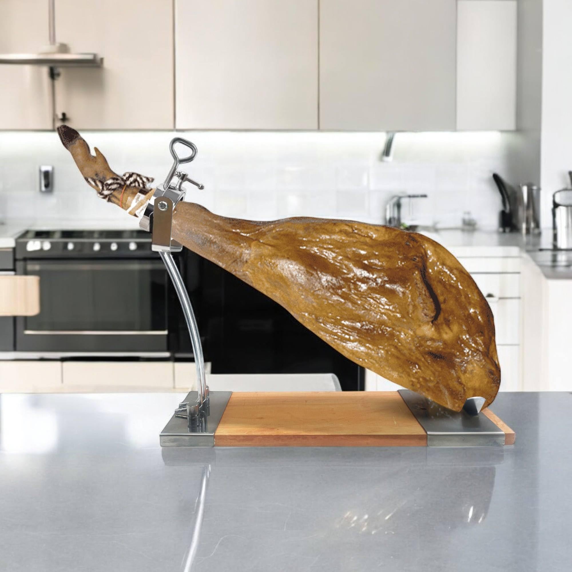 Well Home Jamonero IBERIA Luxe con cabezal giratorio, base de madera y acabados en acero inoxidable