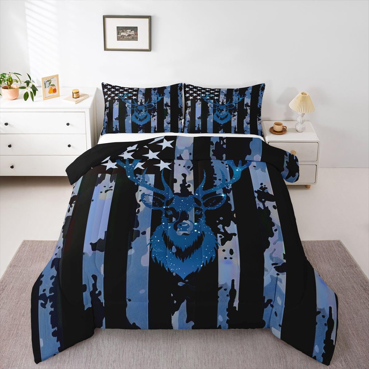 Camo Deer Comforter Set Queen Size, Army Blue Camouflage Usa Flag Bedding Set For Kids Boys Teens Adult, Western Rustic Farmhouse Quilt Stars Stripes