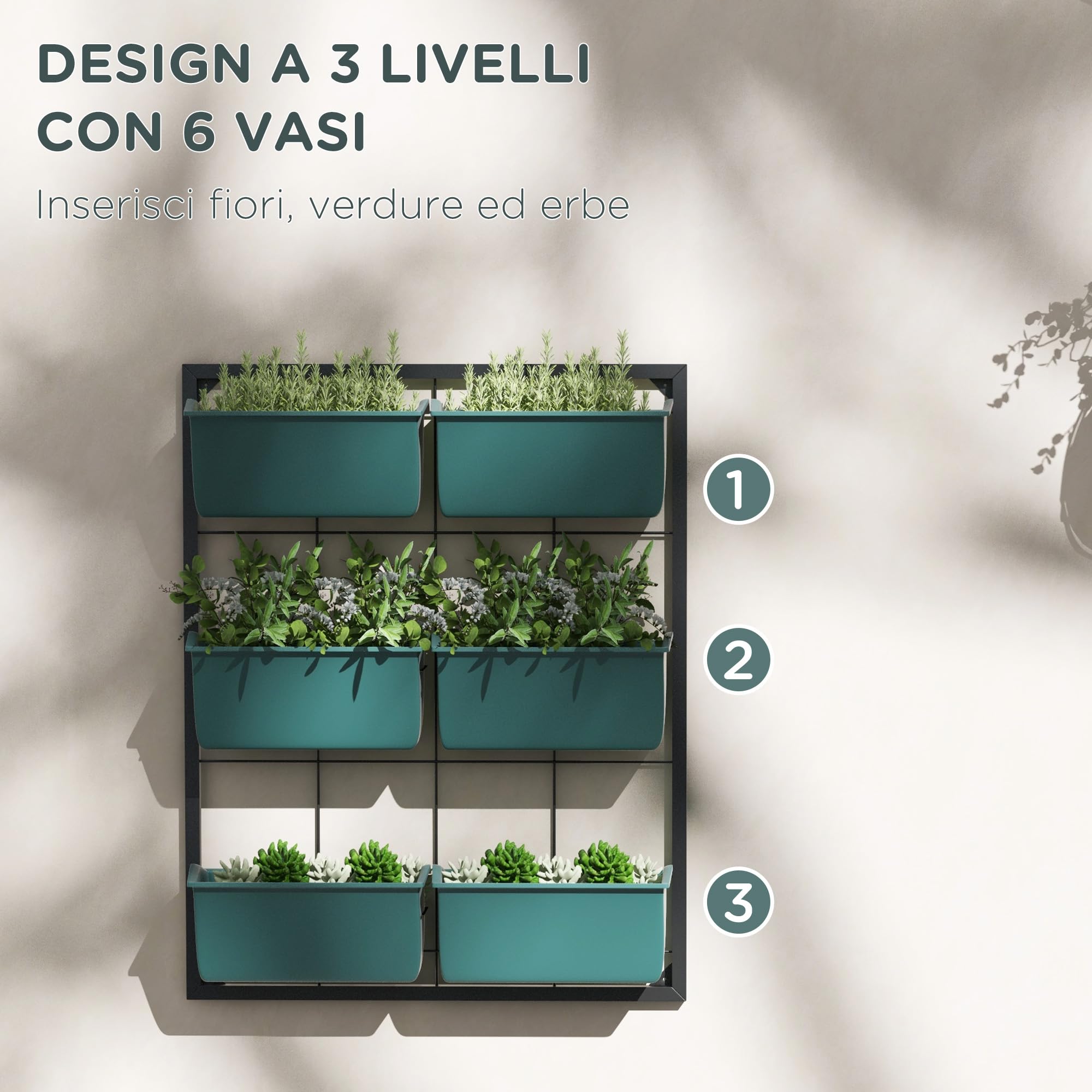 Outsunny Fioriera da Esterno Verticale 3 Livelli 52x14x66 cm Verde | 6 Vasi in Plastica con Fori di Drenaggio, Portavasi da Appendere per Fiori ed Erbe Aromatiche, Orto Verticale