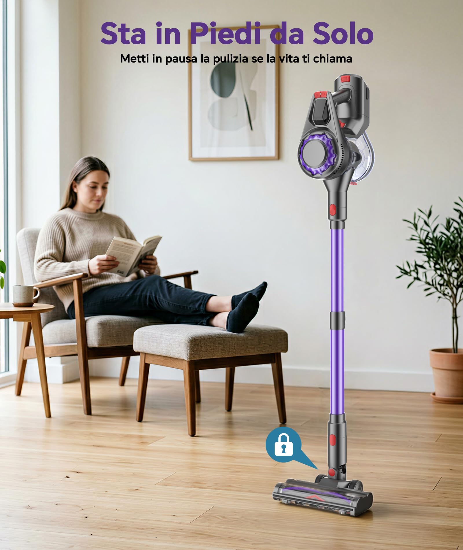 Aspirapolvere Senza Fili 40KPa 450W Motore Potenziato 50Min, 1.6L Scopa Elettrica Senza Fil Autoportante, Base di Ricarica Muro Spazza Anti Groviglio, Scopa Elettrica per Peli Animali Tappeti Parquet