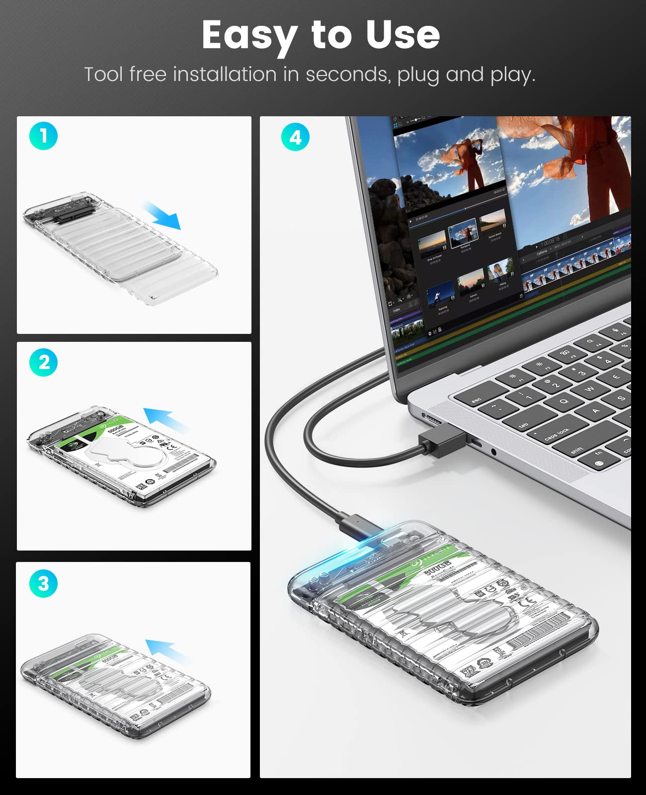 Obudowa na dysk twardy 2,5 cala USB C, ORICO 6Gbps Przezroczysta obudowa zewnętrzna dla 2,5 cala 7-9,5mm SATA I II III HDD/SSD, Obsługuje 6 TB, UASP, Bez narzędzi, Przenośna obudowa SSD z kablem USB