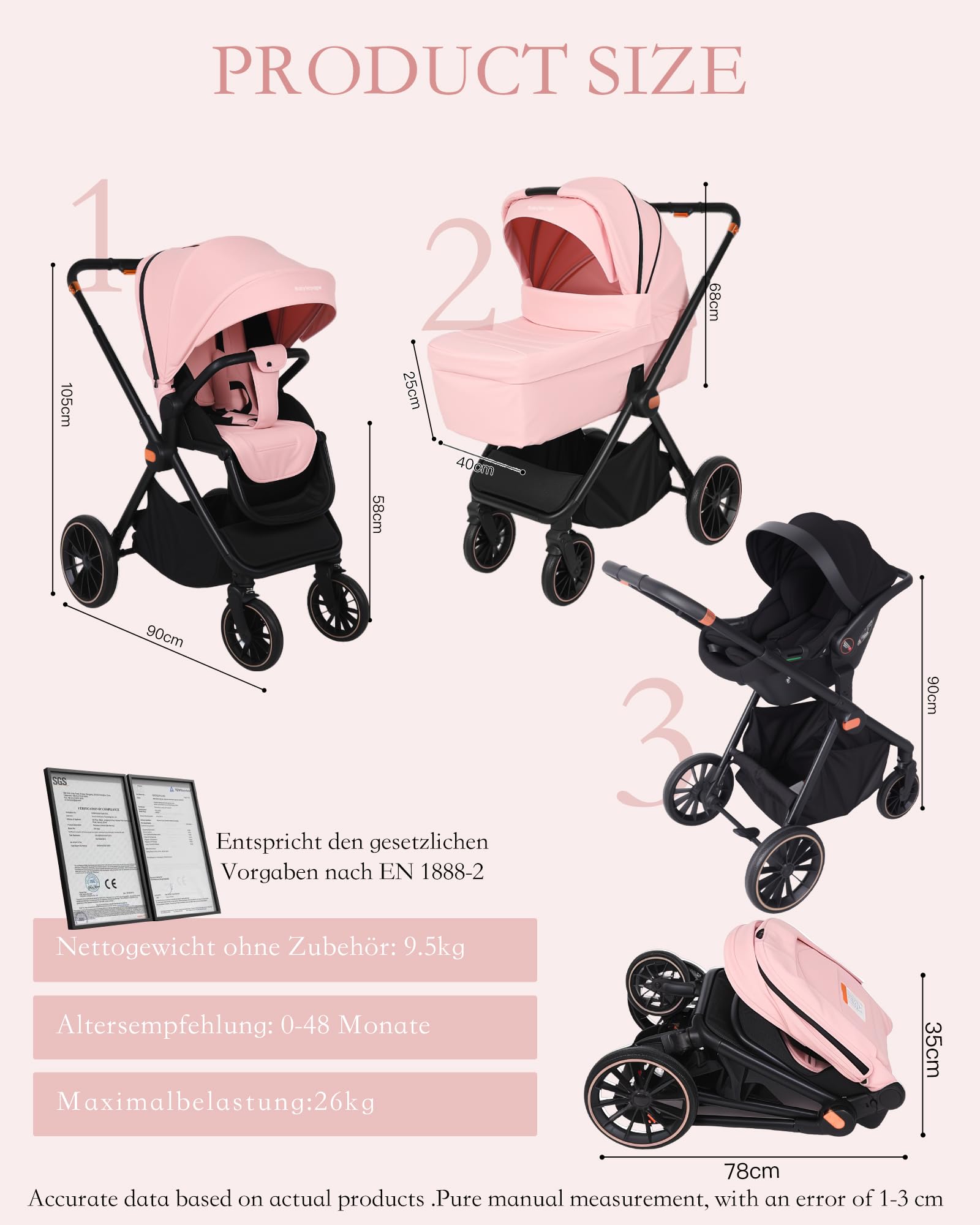 Carrito bebe 3 en 1, carro bebe con dos modos deslizantes reversibles, silla de paseo con marco de aleación de aluminio, juego completo 3 en 1 diseño plegable con un solo toque-Rosa
