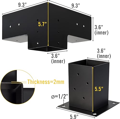 Miniatura 2 de LADECH Kit de pérgola con soportes de esquina de ángulo recto de 3 vías, carpintería, kit de base de poste de 4 x 4, soporte de madera para