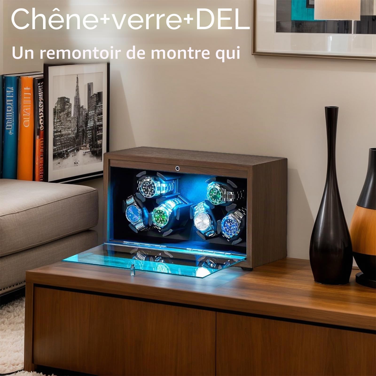 6 remontoirs pour montres automatiques, moteur super silencieux, 4 modes de rotation avec lumières LED, coussin rétractable, boîte de remontoir pour montres femmes et hommes, Noyer noir