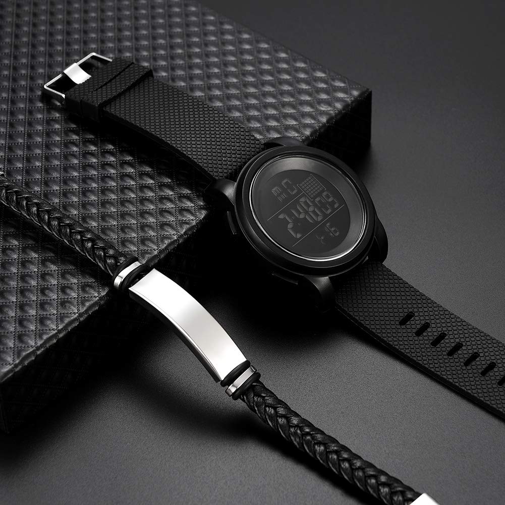 Hshduti Orologio sportivo digitale da uomo, con schermo a LED, quadrante grande, orologio militare, impermeabile, casual, luminoso, cronometro, sveglia, semplice orologio militare, con bracciale, blu
