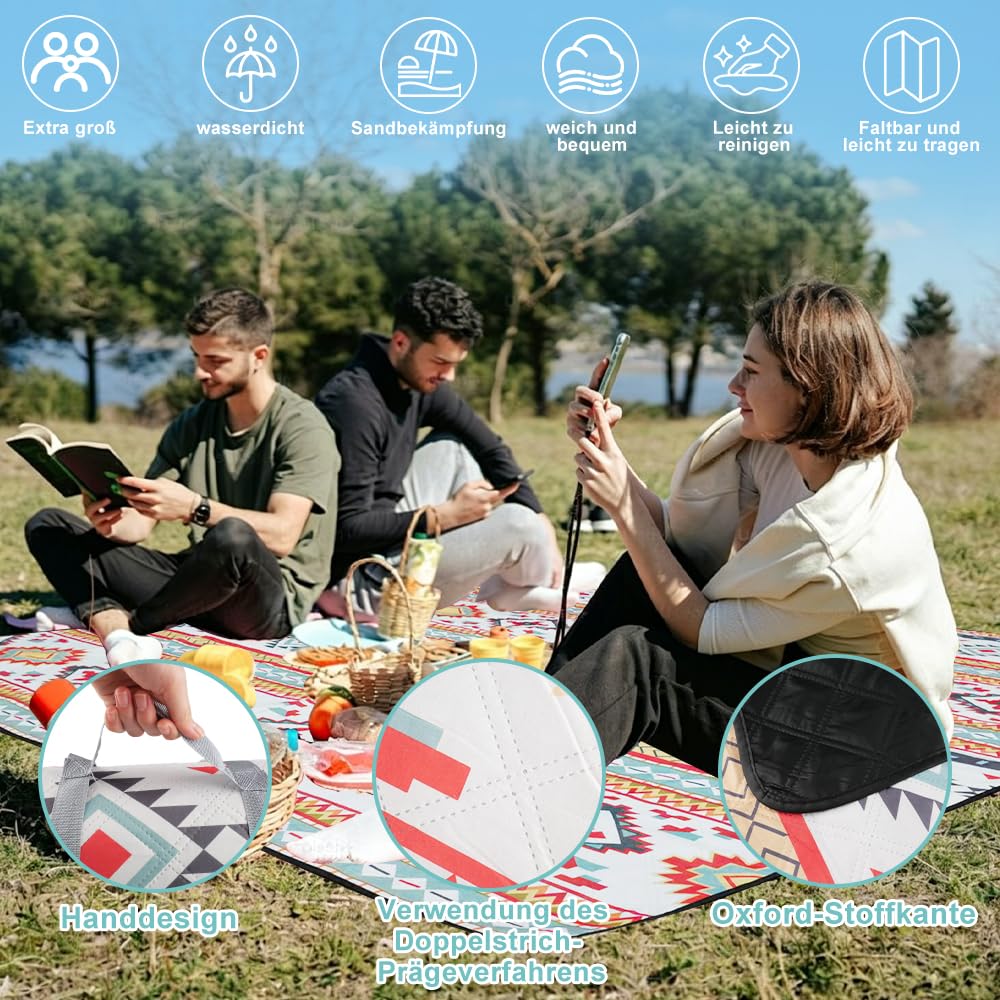 200 x 200cm Couverture de Pique-Nique Imperméable, Tapis de Plage Résistante, Tapis Pique Nique Pliable Et BandoulièRe, Fond imperméable pour Jardin, Camping, Plage et Extérieur