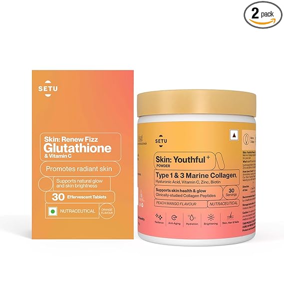 Setu Skin Combo Pack of 2 | Skin Renew Fizz - 30 Tablets & Skin Youthful Marine Collagen Powder - 30 Scoop | Supports Detoxification | Diwali Gifts