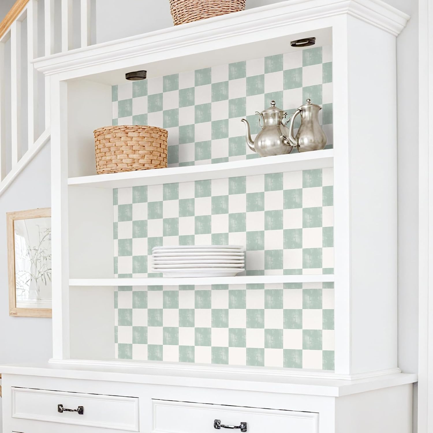 VEELIKE Funky Sage Green Checkered Wallpaper Peel and Stick Checkeredboard Pattern Wallpaper for Bedroom Nursery Renters 17.7''x354'' Self Adhesive Plaid Vinyl Contact Paper for Walls Cabinets Shelves