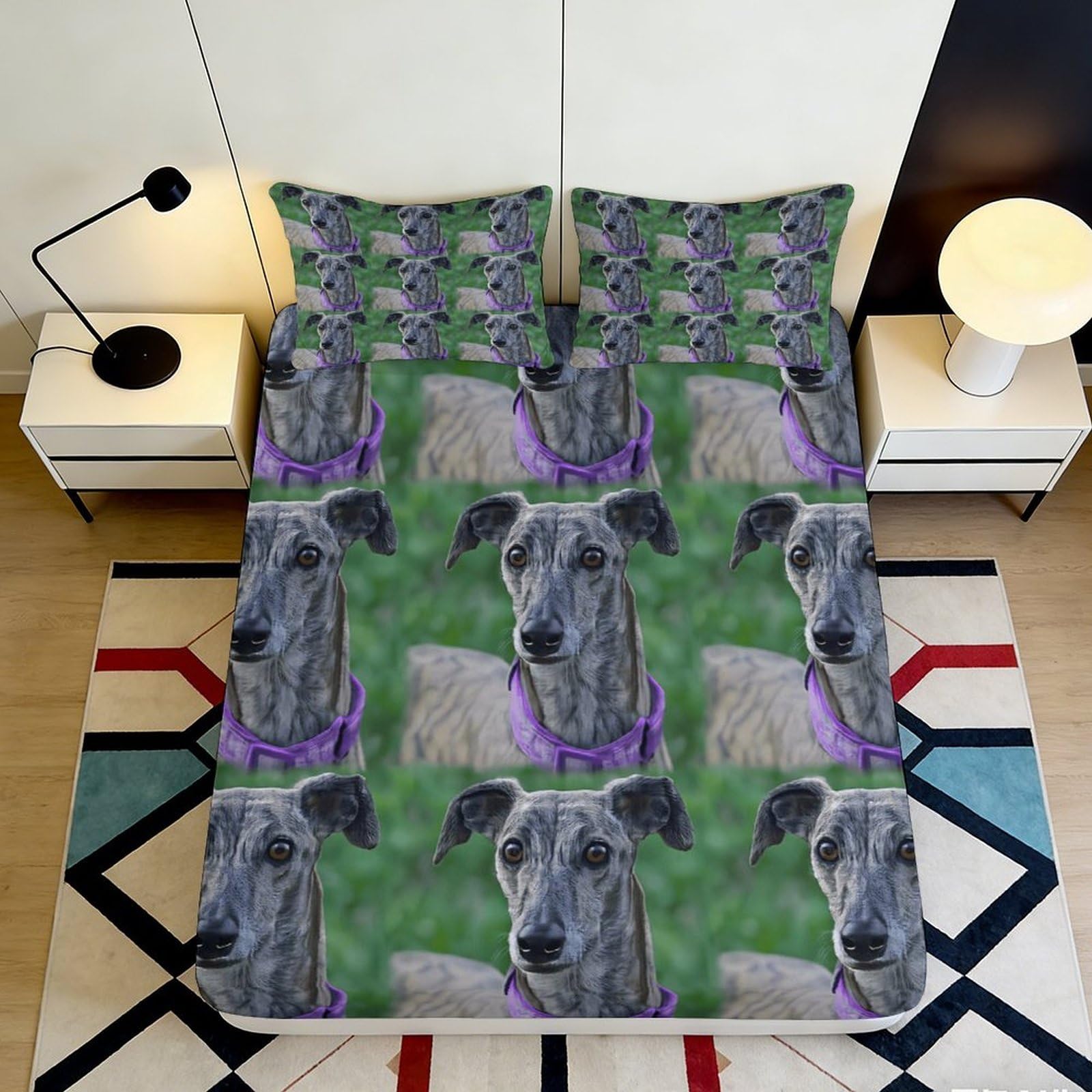 3D Printed Greyhound Dog Pattern Fitted Sheet Microfiber Soft Anti-Slip Bed Cover for Bedroom Dorm Mattress Protection Decor 140x200x25cm