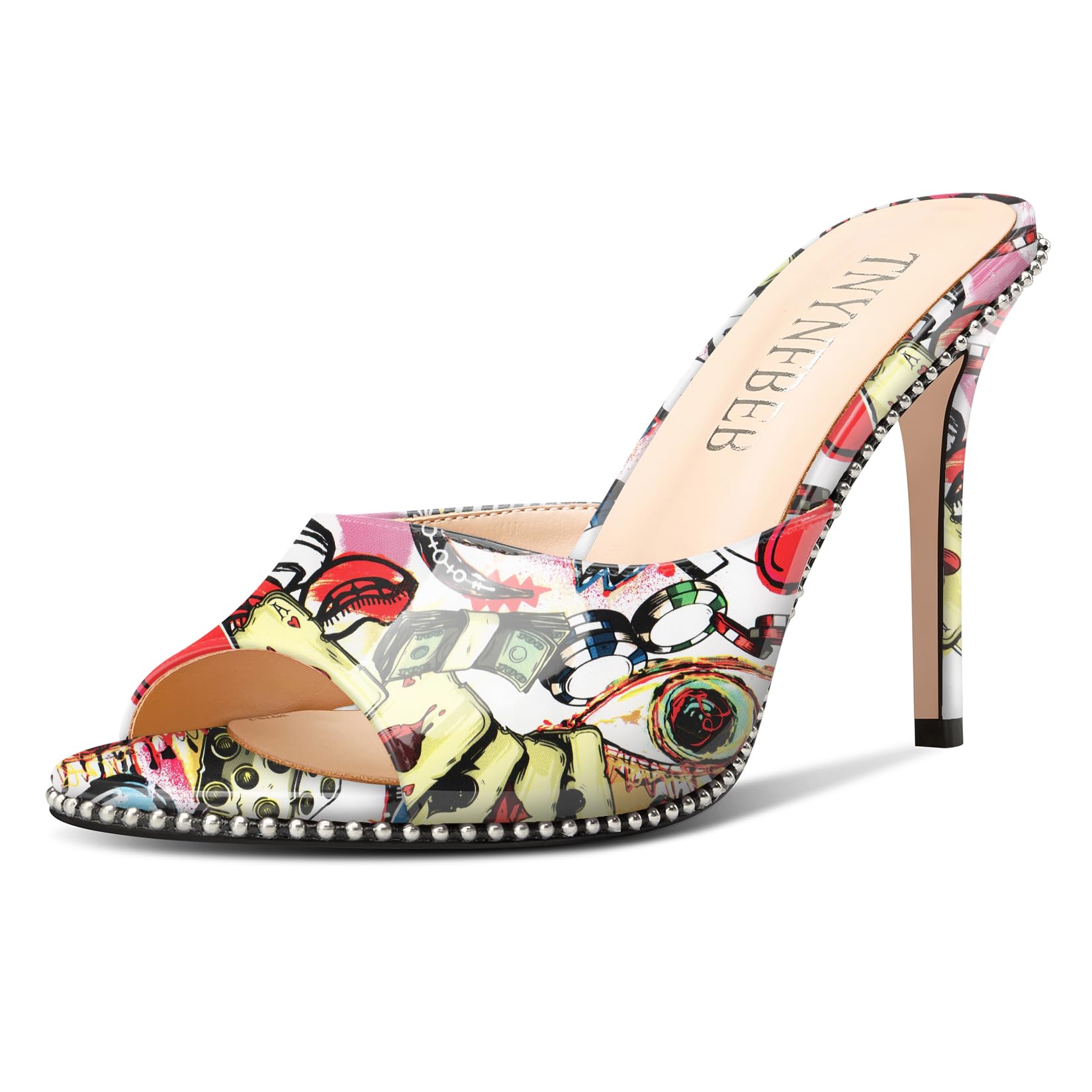 TNYNFBEB Womens Stiletto High Heel Peep Open Toe Sandals Mules Shoes Slingback Slip-on Silver Beaded Prom Party Dress Patent Leather 3.9 Inches Heels