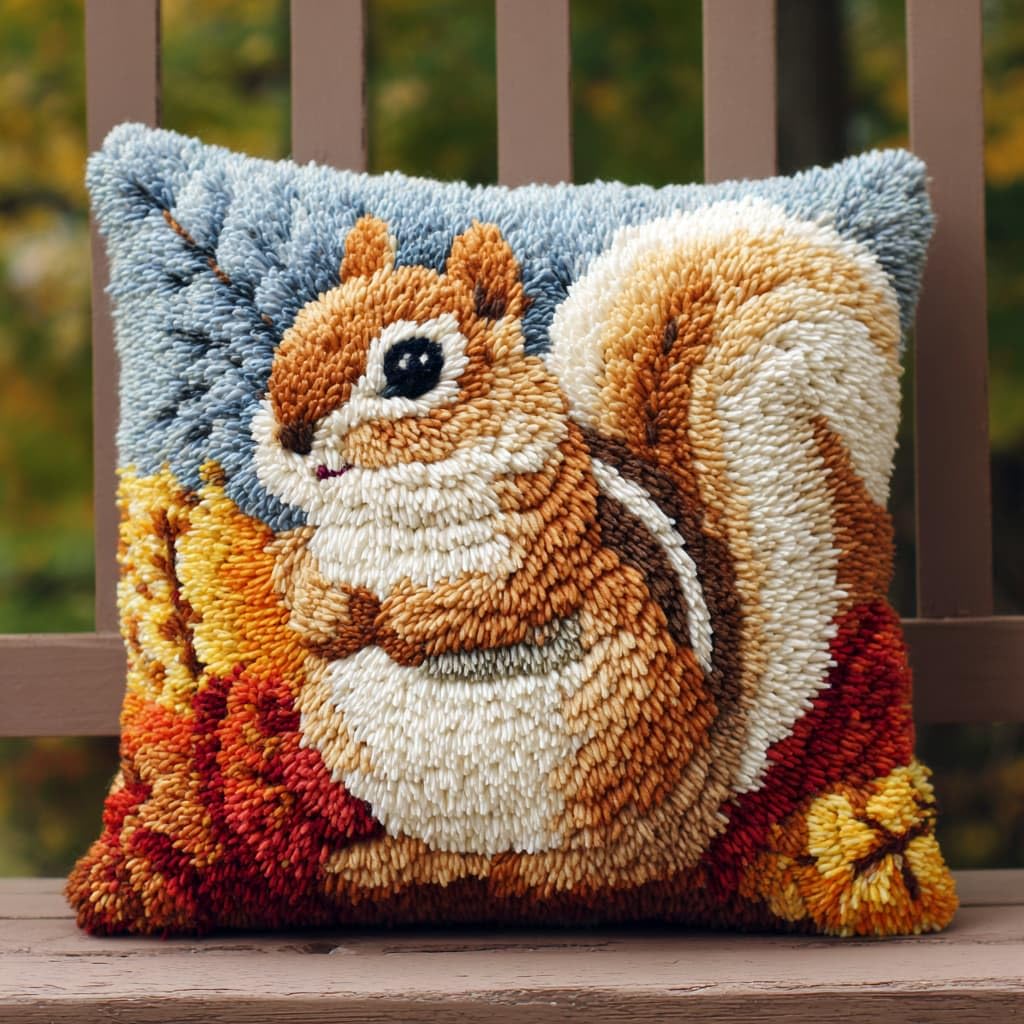 WallustrioaW Latch Hook Kits DIY Throw Pillow Cover,Animal Squirrel