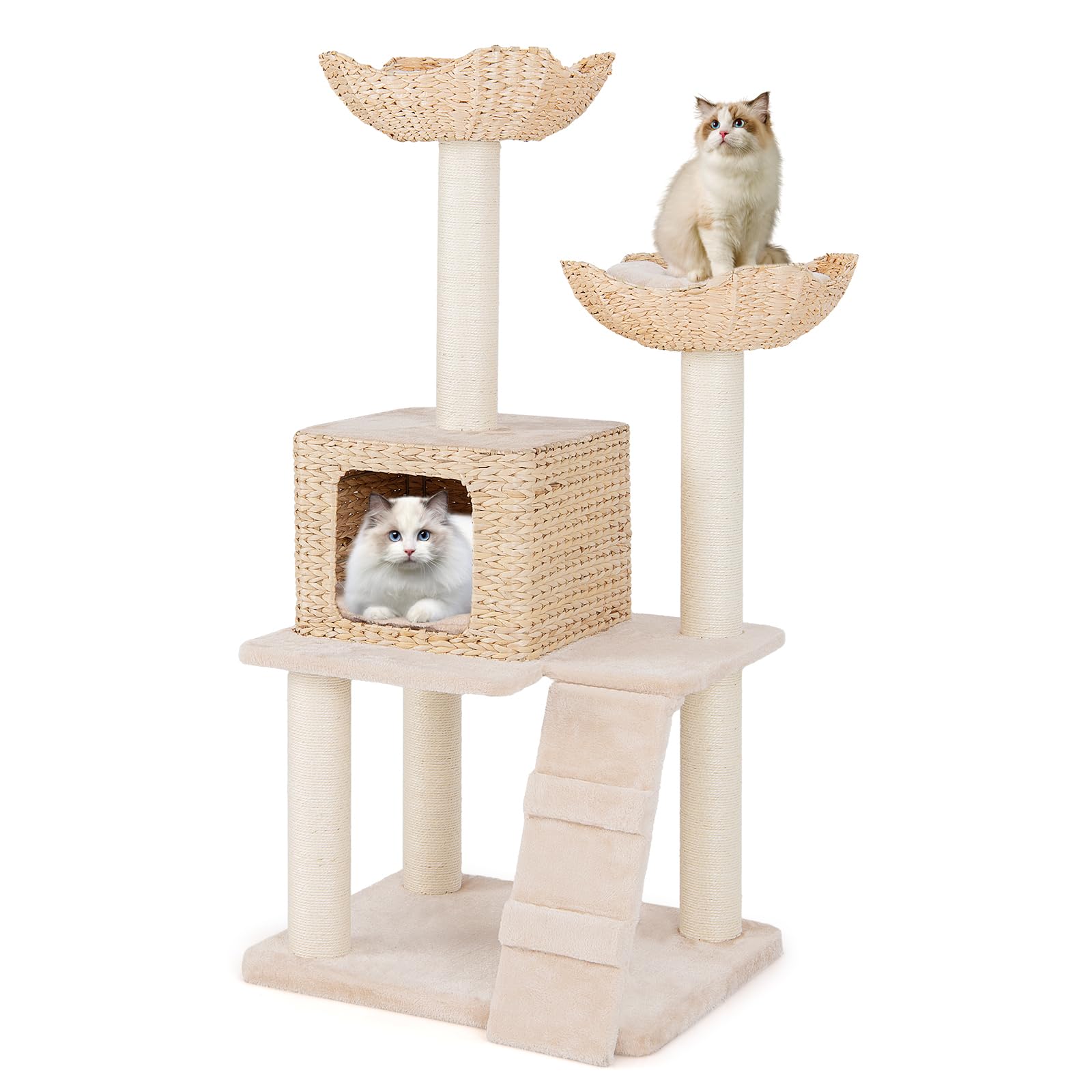 PETSITE 48 inch Cattail Cat Tree, Multi-Level Cat Tower with Sisal Scratching Posts, Cat Condo, Basket Beds, Climbing Ladder, and Soft Washable