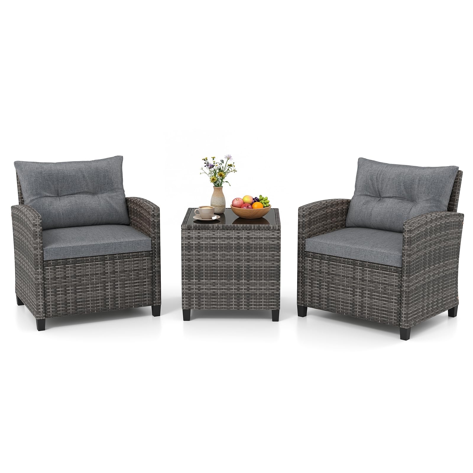 GIANTEX Set Mobili da Giardino in PE Rattan, Set di Conversazione con 2 Poltrone con Cuscini Morbidi, 1 Tavolino con Piano del Tavolo in Vetro Temperato (Grigio)